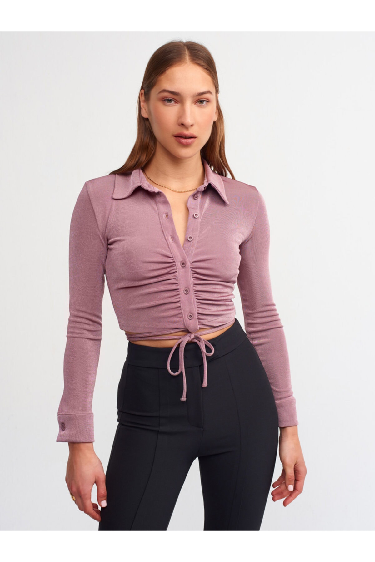 Dilvin 3733 Bağcıklı Mini Gömlek-leylak