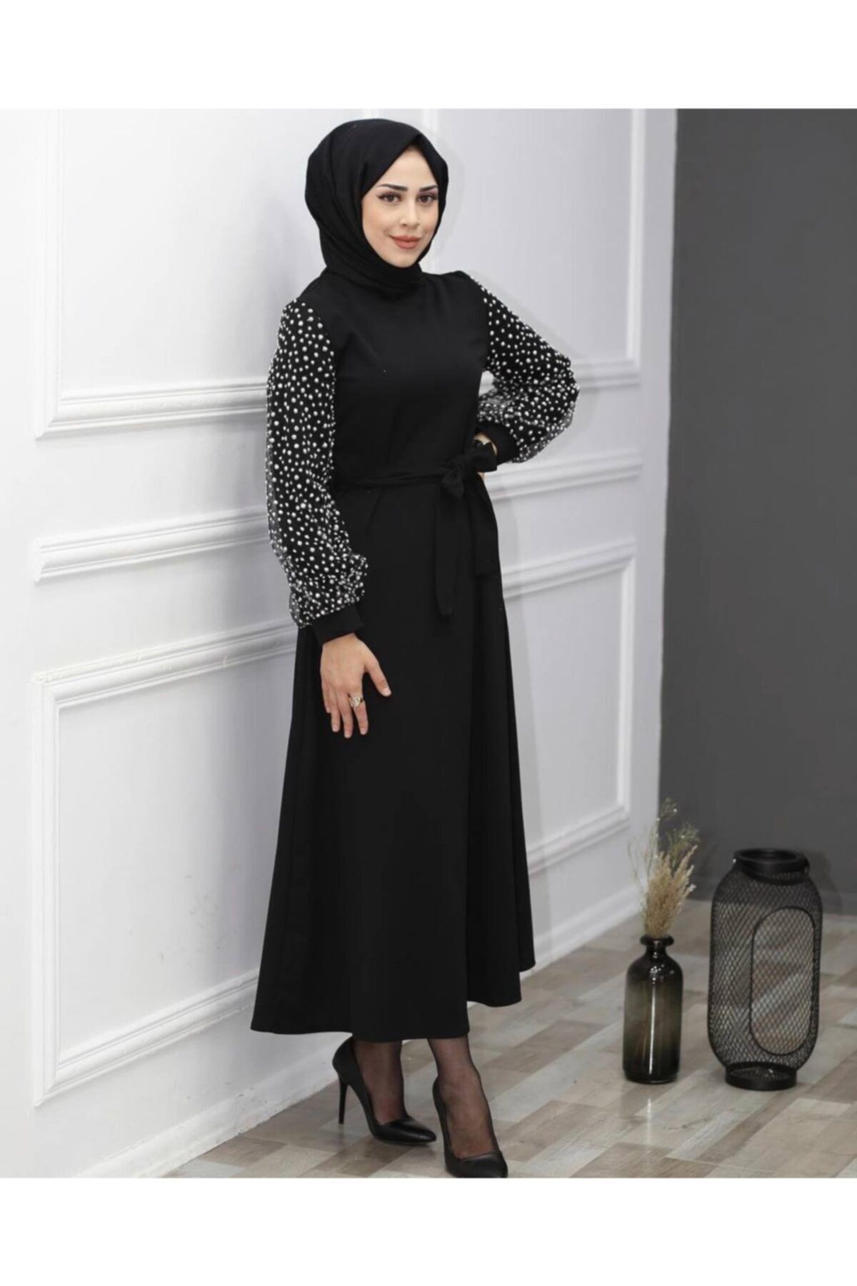 She Olive Köpük Baskılı Tesettür Elbise -siyah
