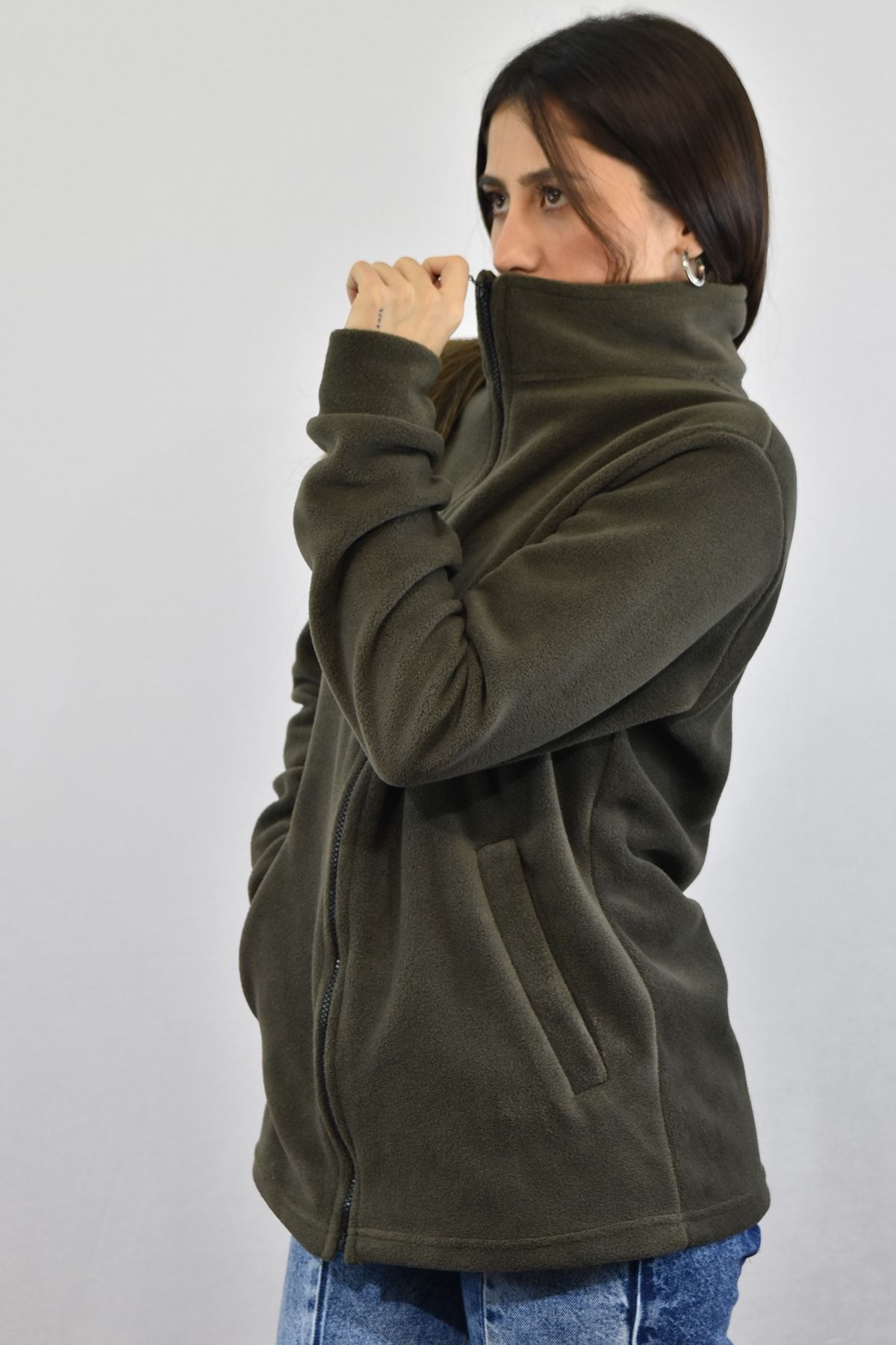 ravenzz Unisex Polar Tam Fermuarlı Üst-haki Yeşil