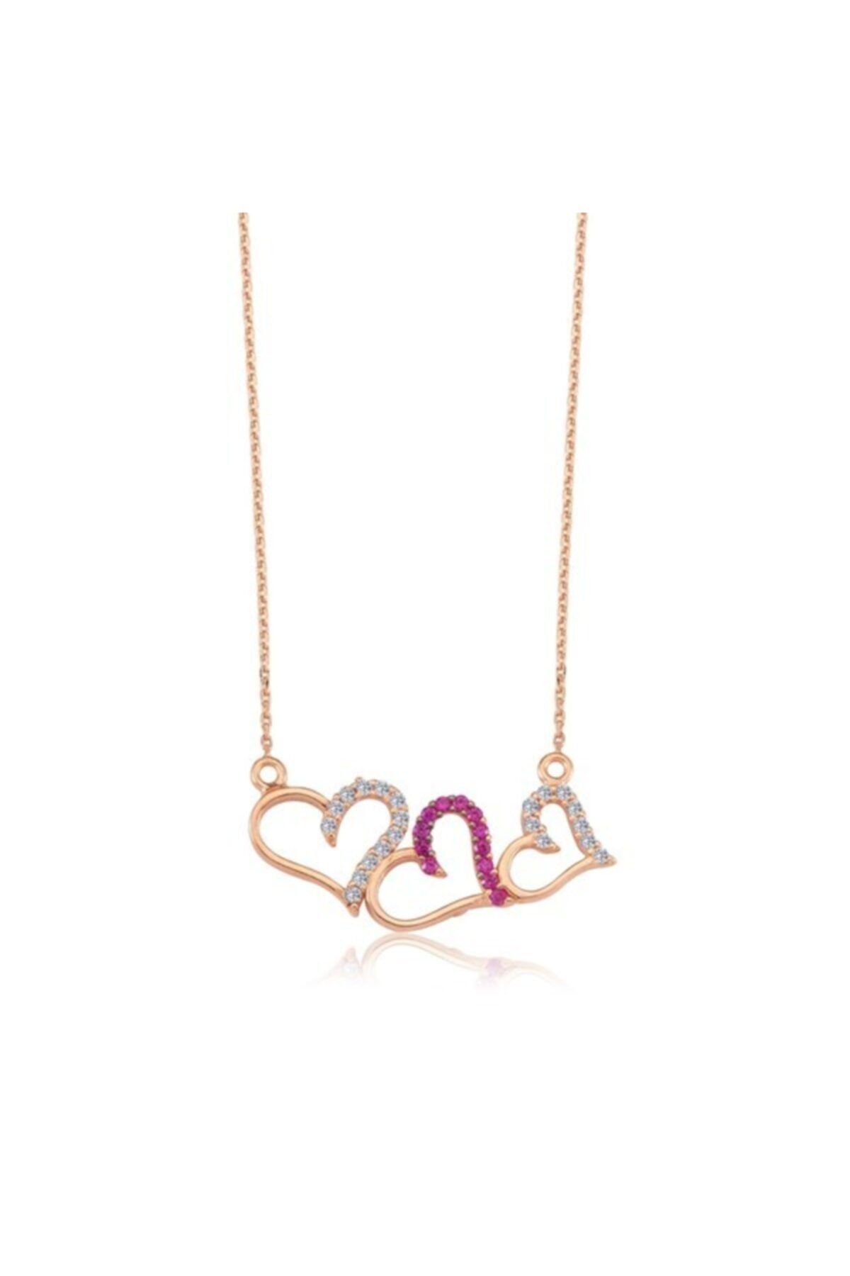 JEWEL LOVE Fuşya Taşlı Rose Renk Sıralı Kalp Gümüş Kolye