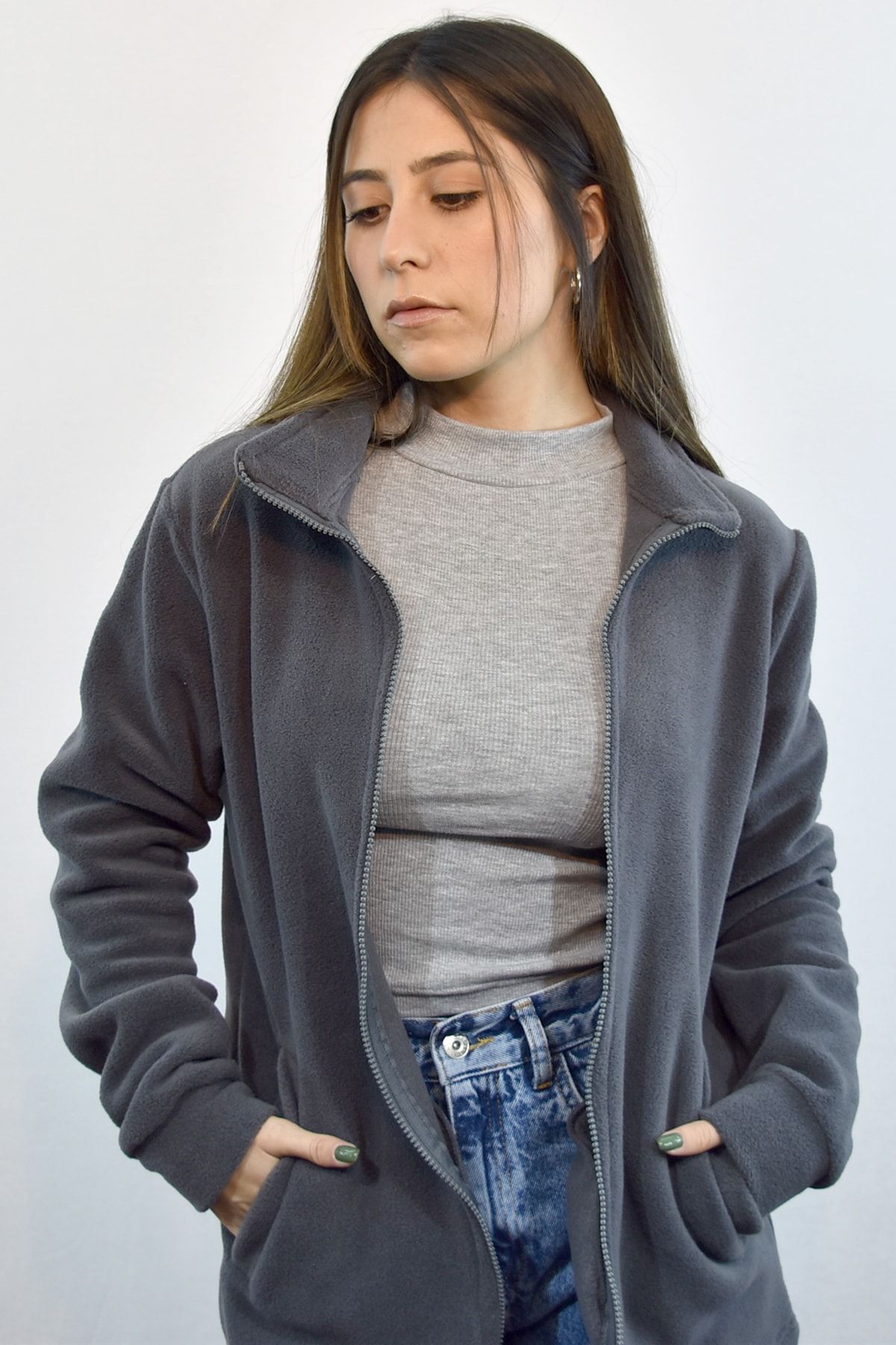 ravenzz Unisex Polar Tam Fermuarlı Üst-antrasit