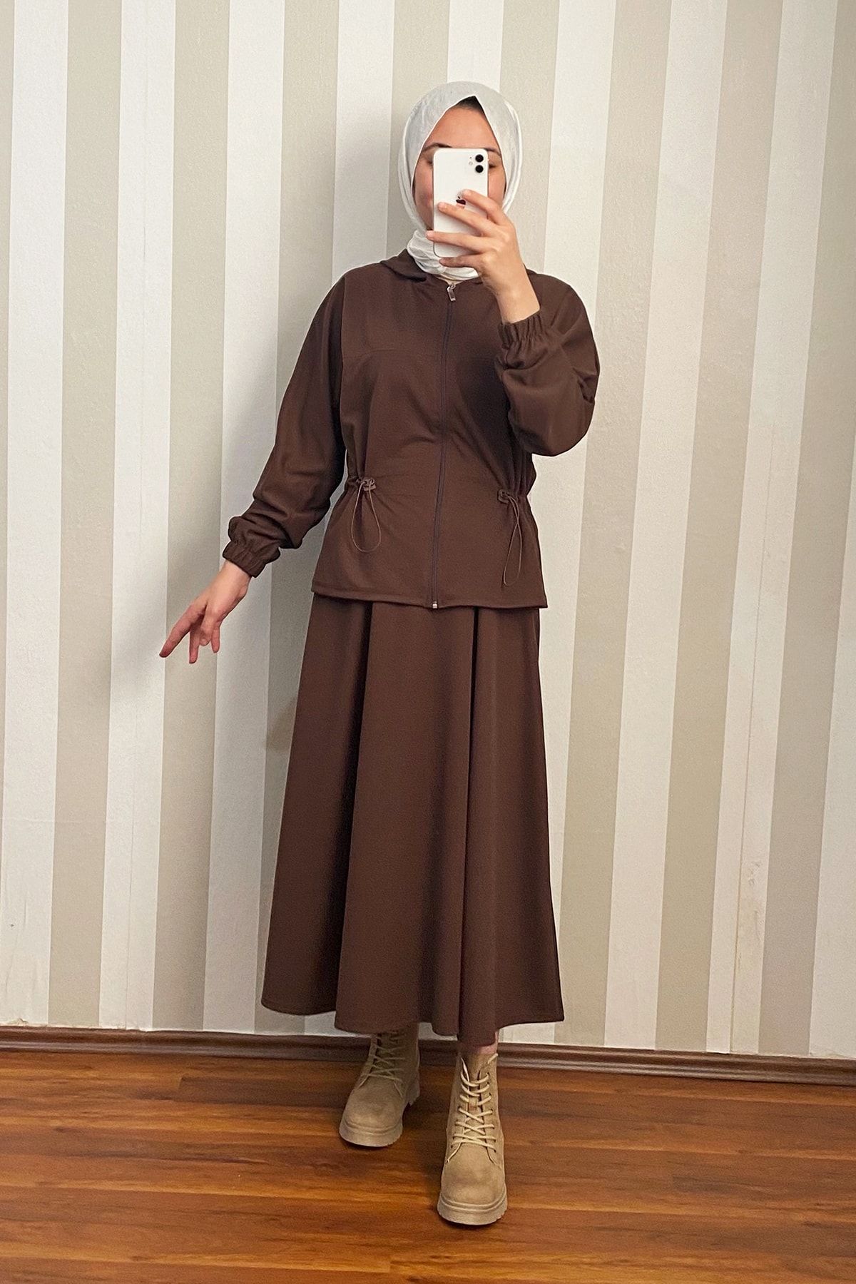 MODAQU Lale Etek Bluz Takım - Kahverengi
