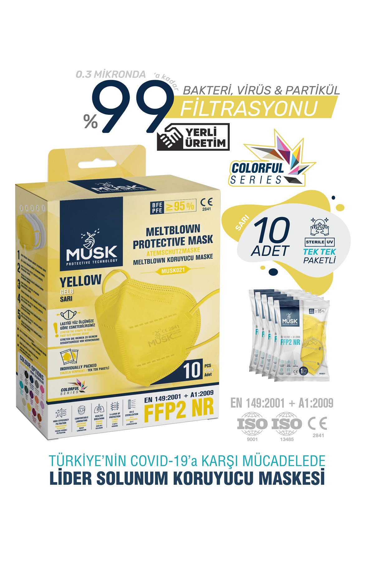 Musk N95 Maske Sarı Renk 10 Adet