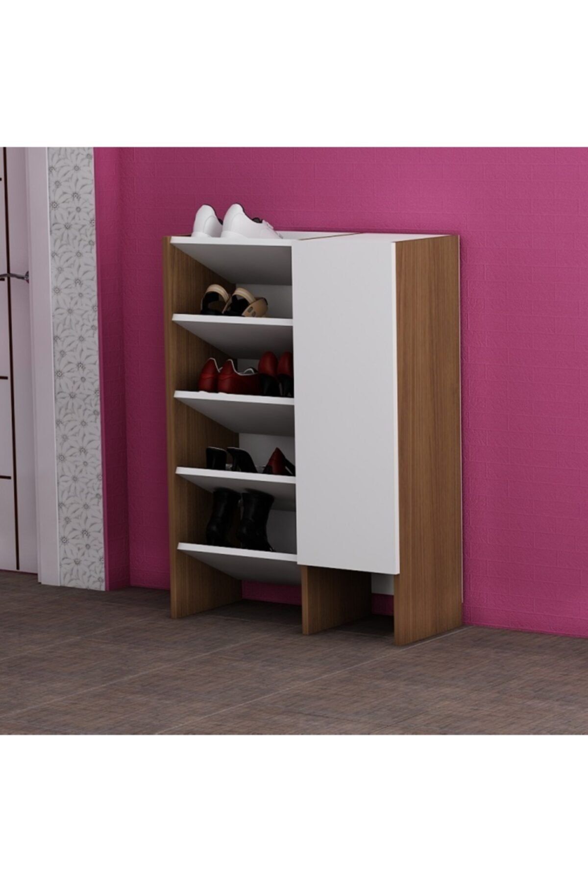 ARNETTİ Ilgaz Ayakkabılık Beyaz-ceviz 100x81x30 Kapaklı Ve Raflı 10 Bölüm Özel Tasarım Kolay Kurulum
