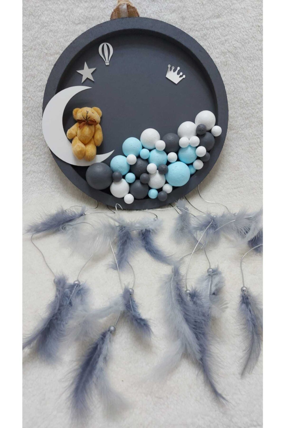 decorleon Isimli Ahşap Bubble Yuvarlak Bebek Kapı Süsü Antrasit-beyaz-mavi