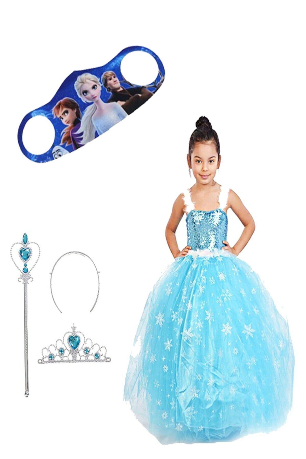 KAPIDAN Kız Çocuk Askılı Tarlatanlı Taç Asa Eldiven Maske Hediyeli Mavi Elsa Elbise Frozen