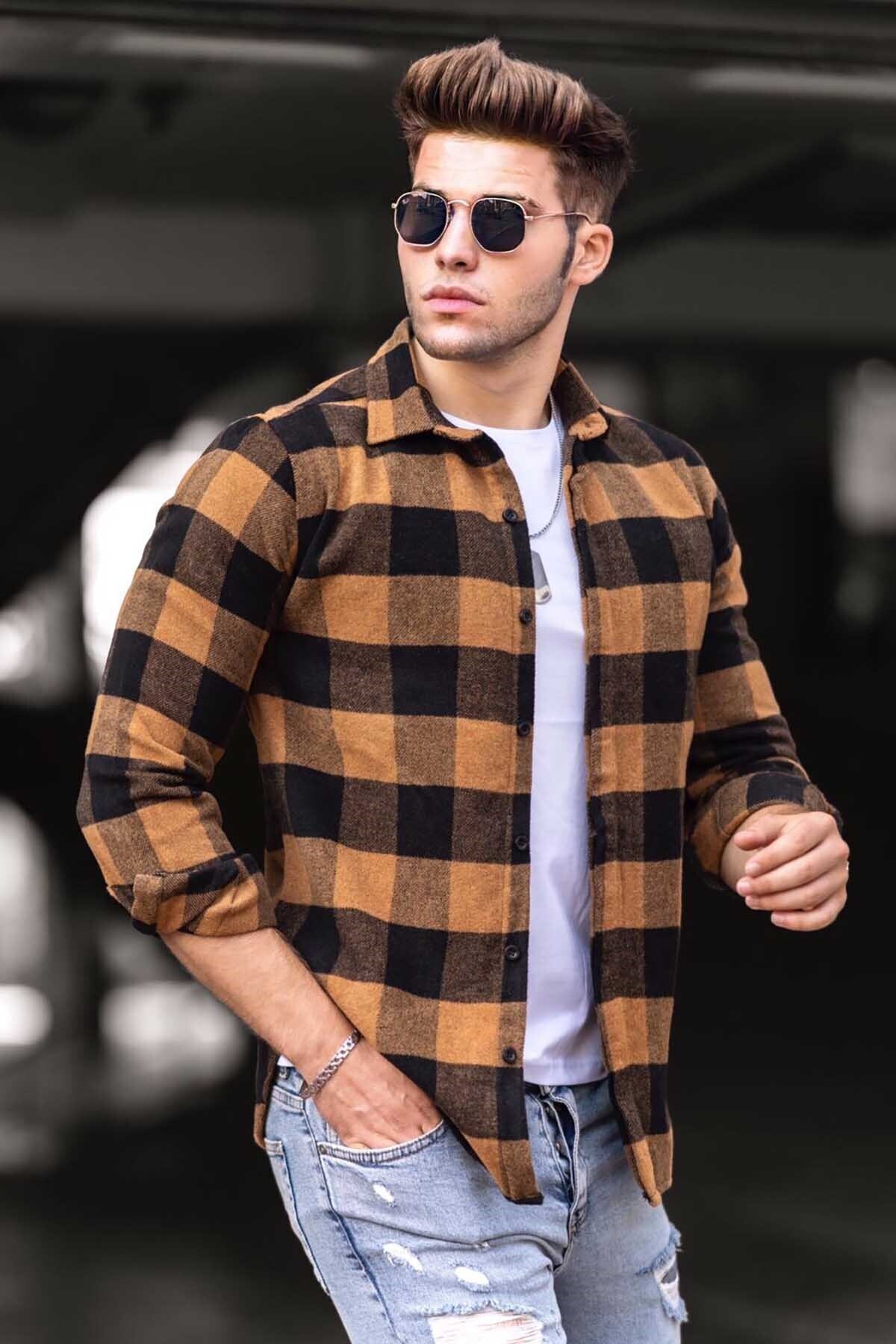 Madmext Erkek Ekoseli Camel Gömlek 4664