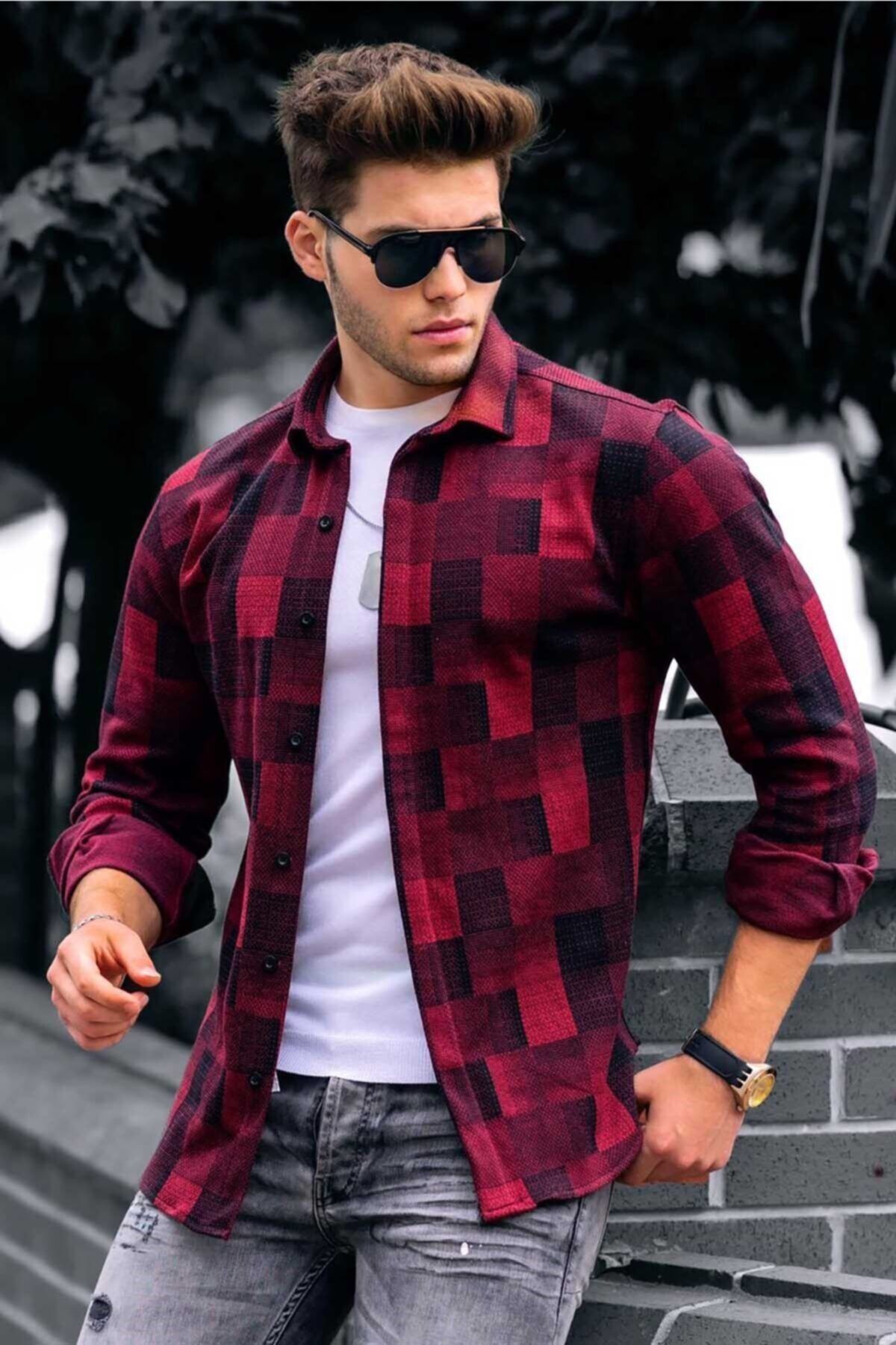 Madmext Erkek Bordo Ekoseli Oduncu  Gömlek 4667