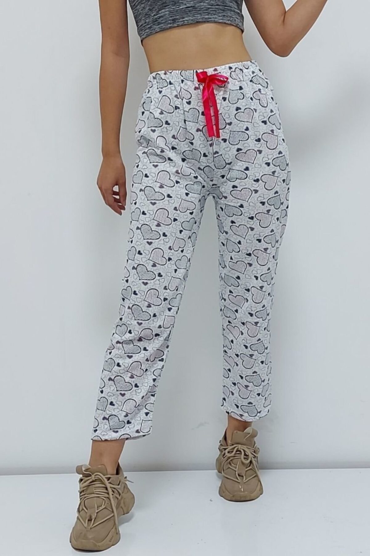 Uygunayakala Kadın Kalp Desenli Içi Pamuklu Pijama Altı Gri