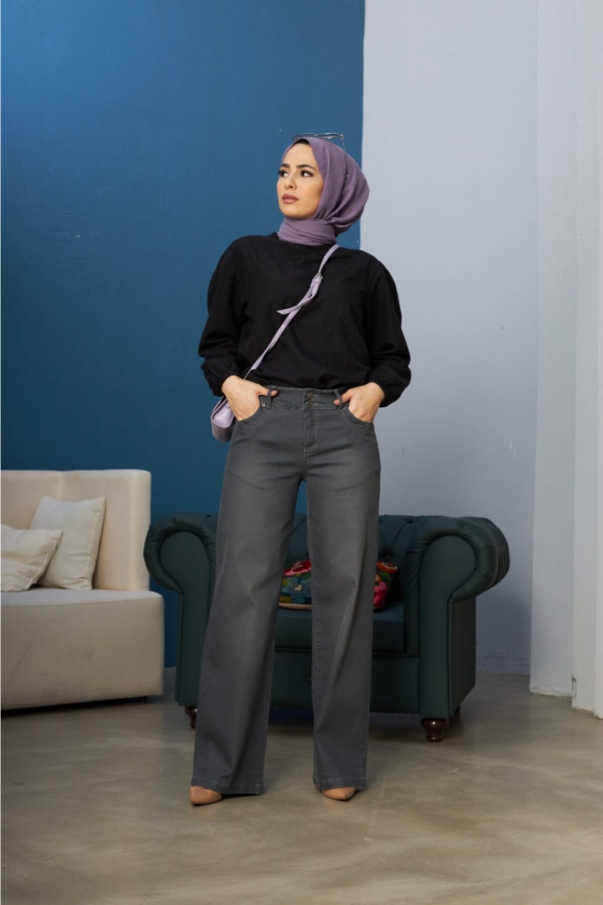 Neways 1056 Denim Bol Paça Pantolon Koyu Gri