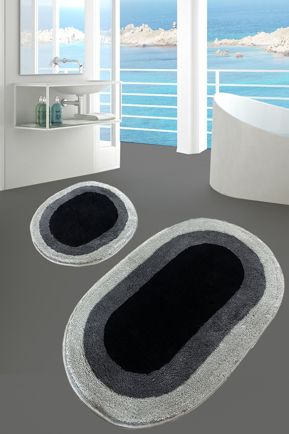 Chilai Home Elips Gri 2 Li Set Banyo Halısı Paspas Kaymaz Taban Yıkanabilir