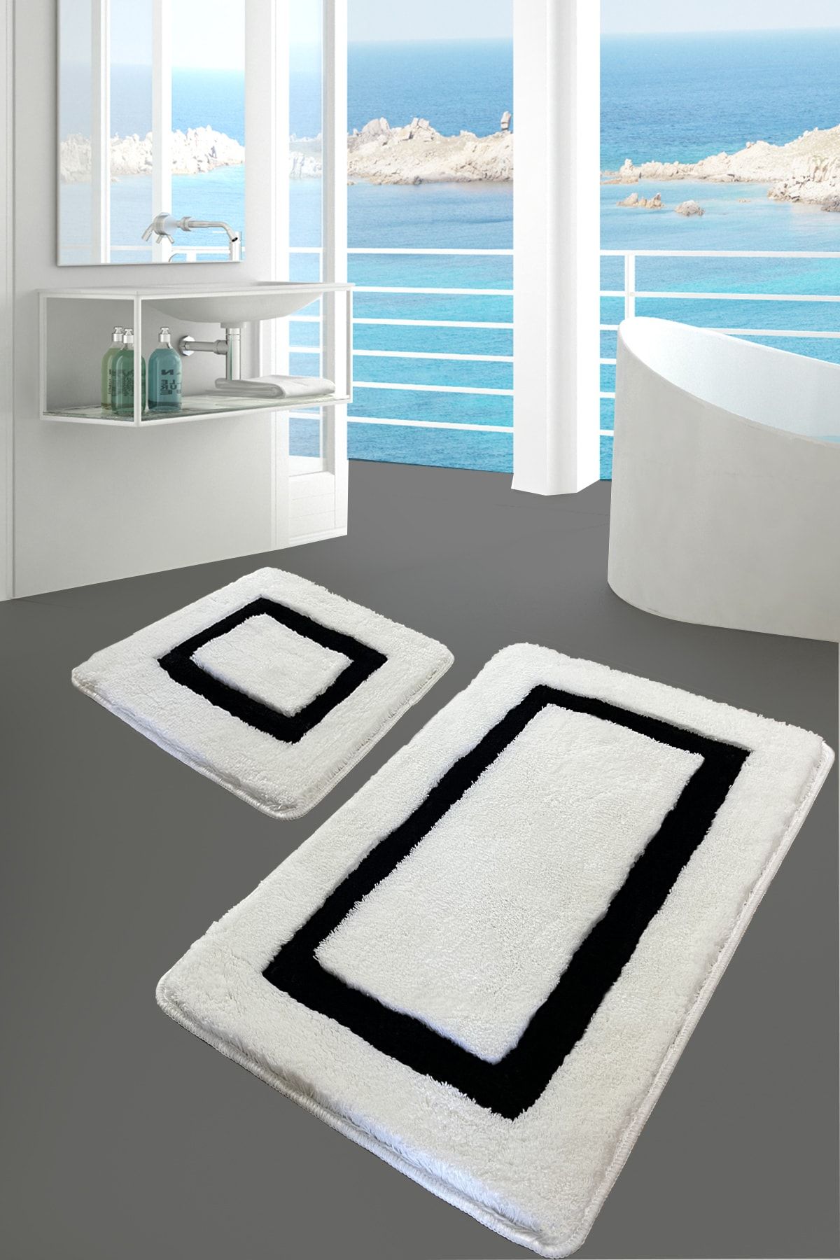 Chilai Home Quadrato Siyah 2 Li Set Banyo Halısı Paspas Kaymaz Taban Yıkanabilir