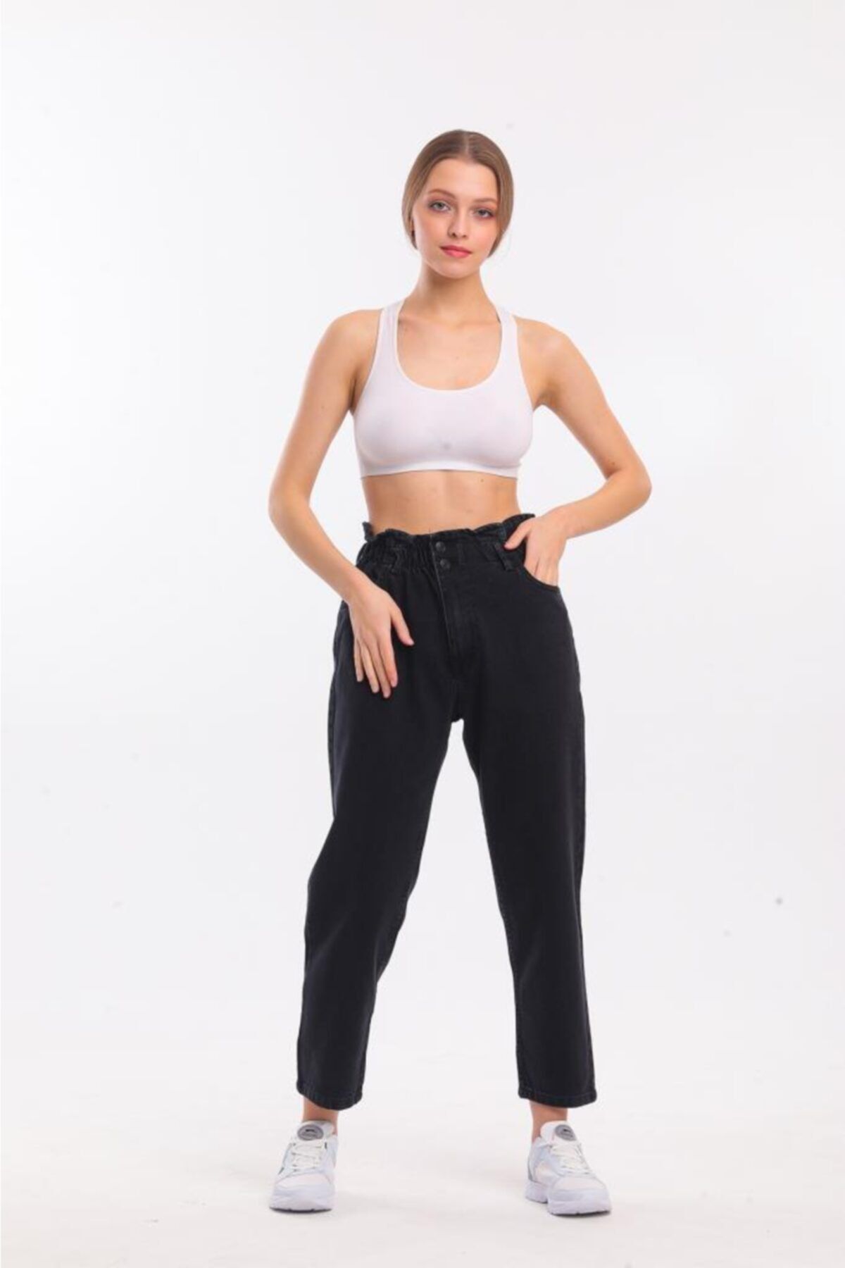 Trendmola Beli Lastikli Füme Mom Jean