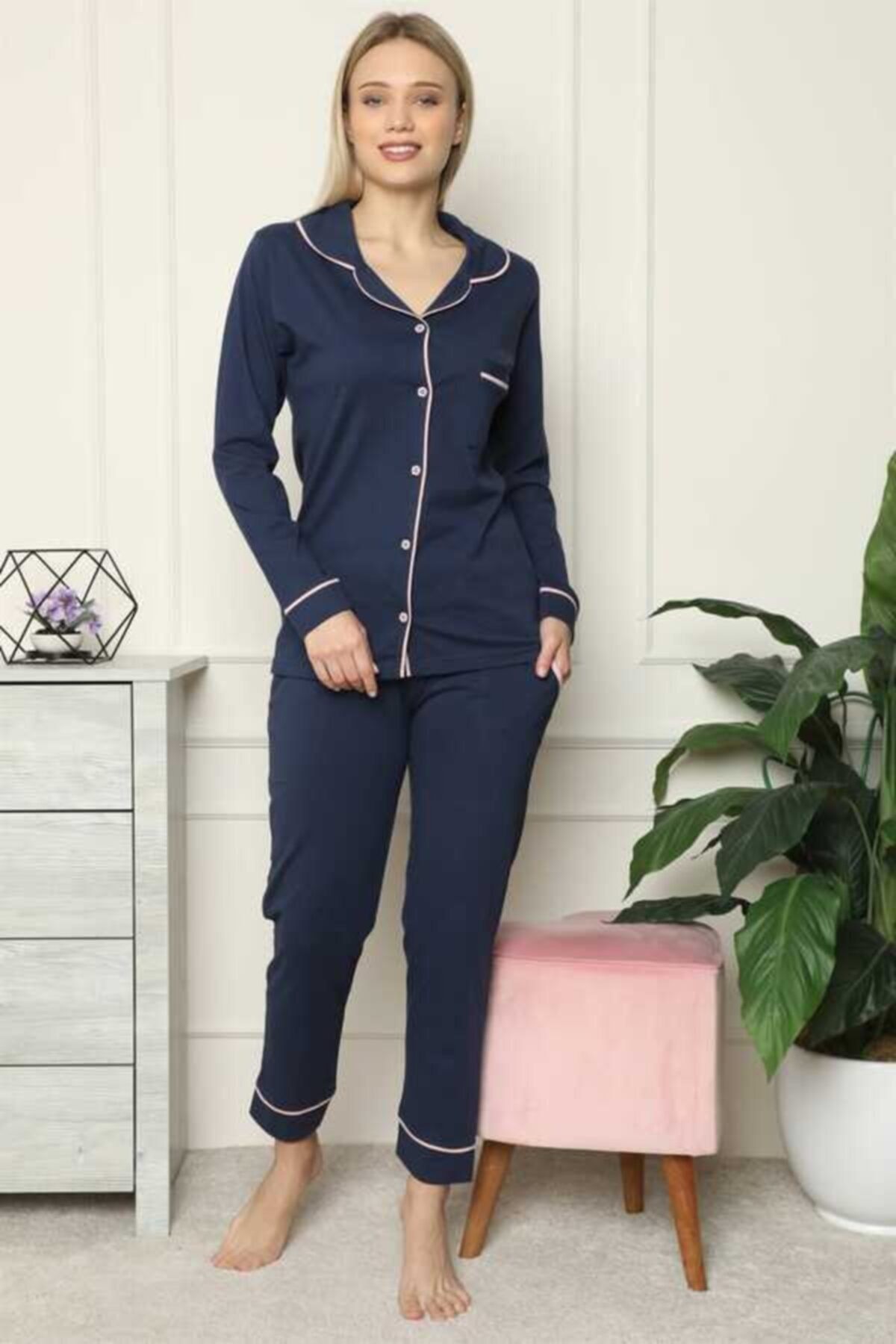Moda Çizgi Kadın  Pamuk Penye Önden Düğmeli Uzun Kol Pijama Takım 2713