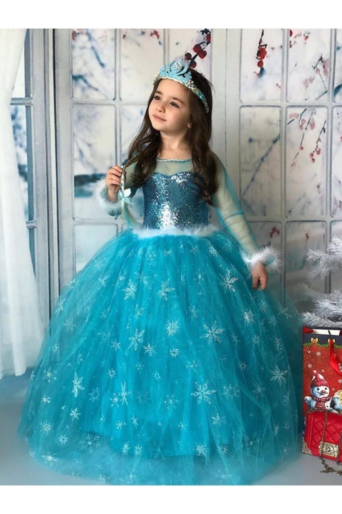 berrra kids Kız Çocuk Mavi Buzlar Kraliçesi Elsa Kostümü