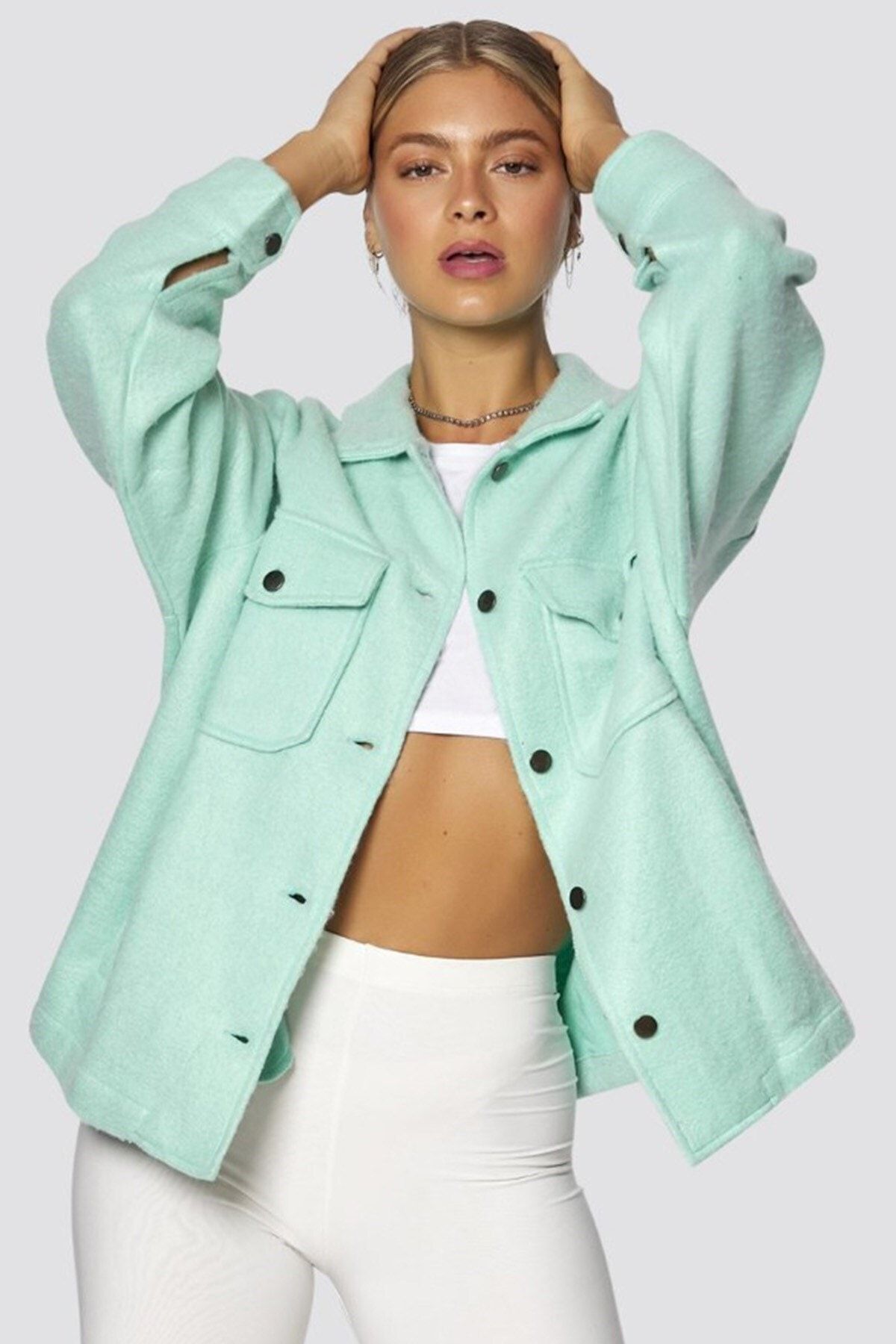 Madmext Mad Girls Mavi Over Size Yün Gömlek Ceket Mg1199