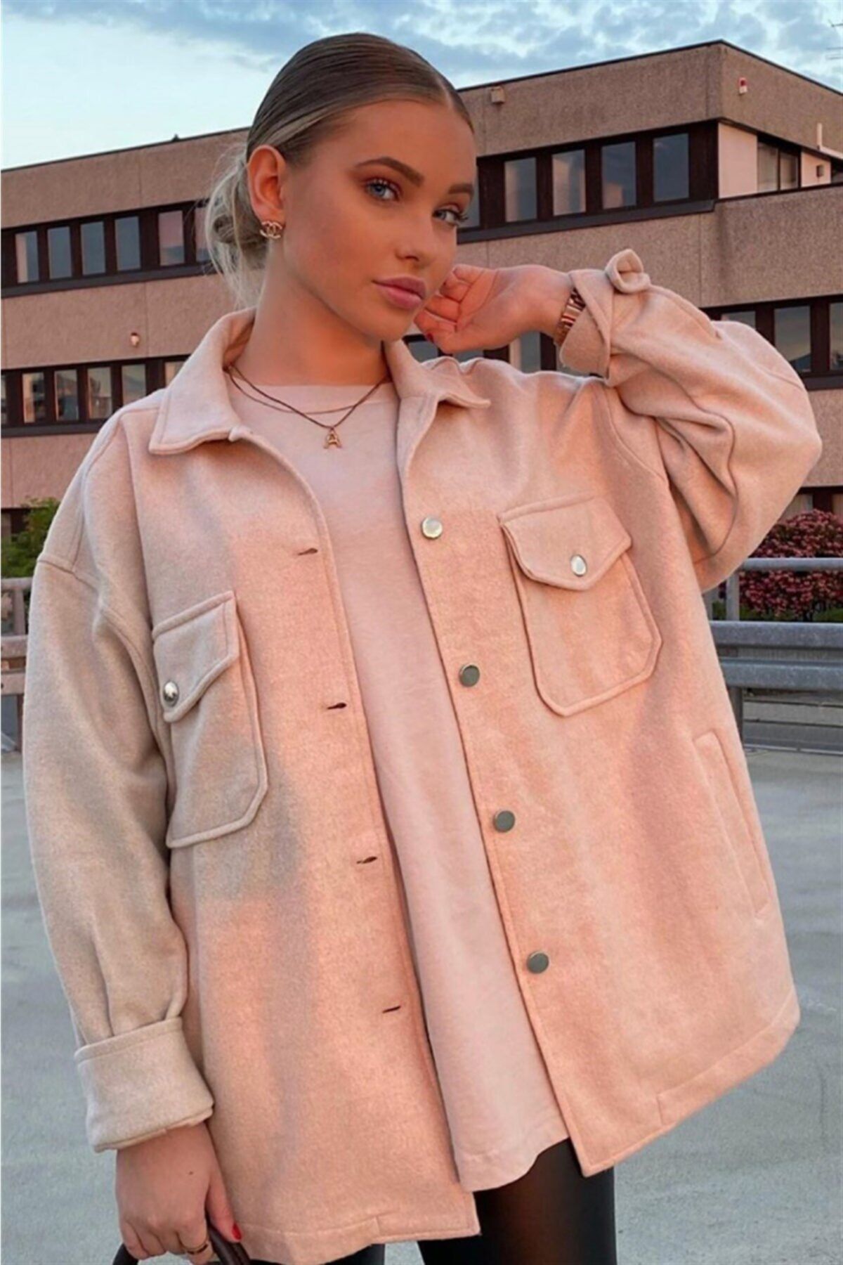 Madmext Mad Girls Pudra Over Size Yün Gömlek Ceket Mg1199