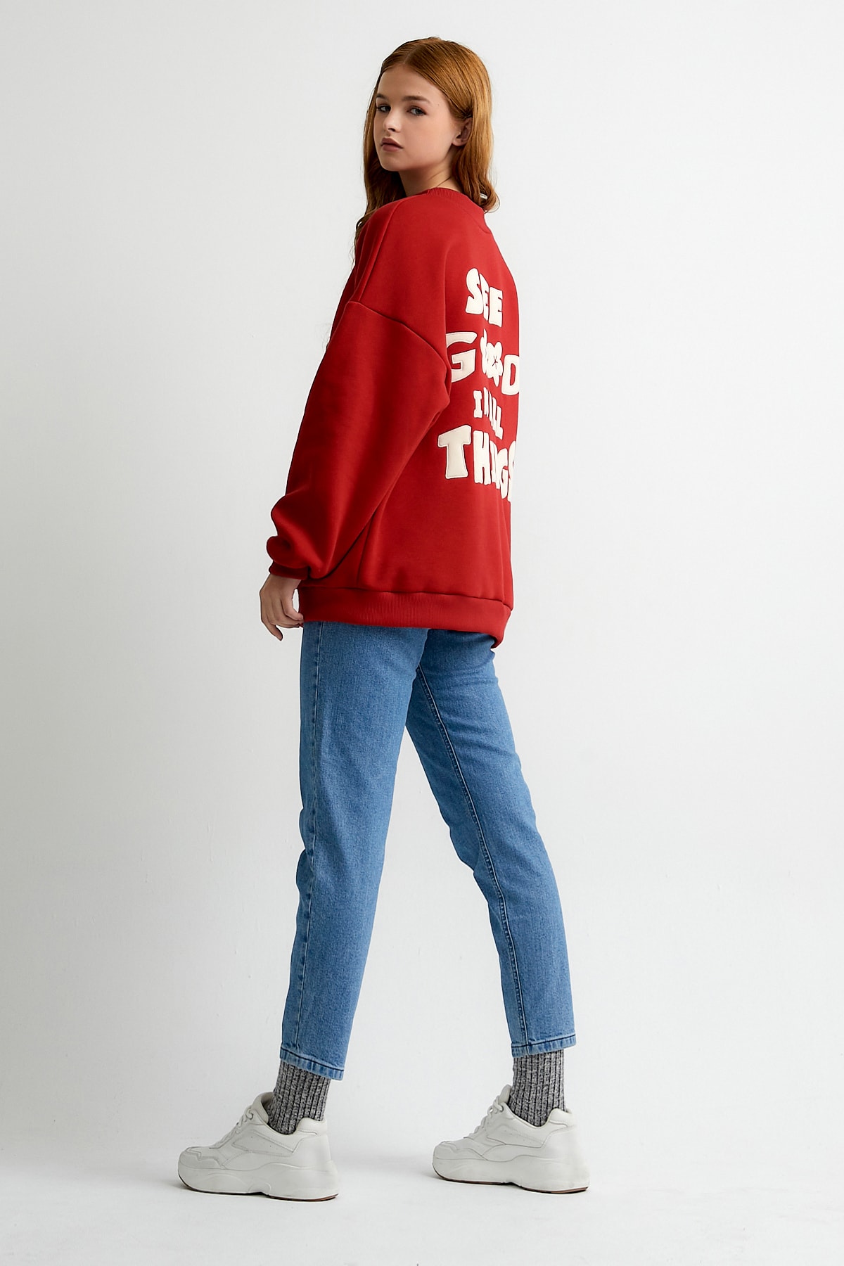 LAMODEMAPASS Kırmızı See Good In All Things Nakışlı Basic Oversize Sweatshirt