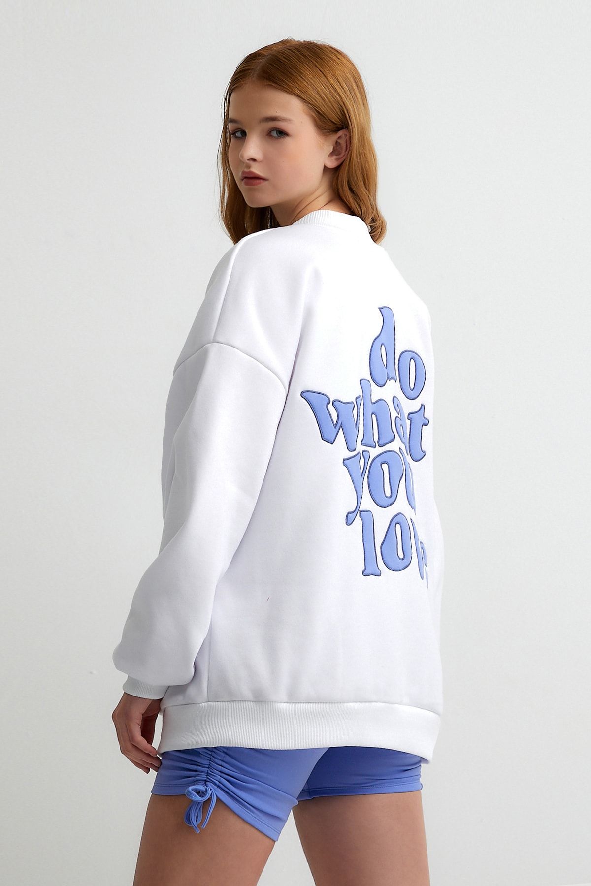 LAMODEMAPASS Beyaz Do What You Love Nakışlı Basic Oversize Sweatshirt
