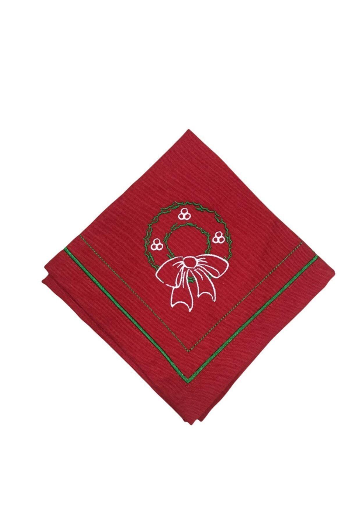 Sister Home Design Christmas Yılbaşı Çelenk Görünümlü Nakış Peçete ( Kırmızı )