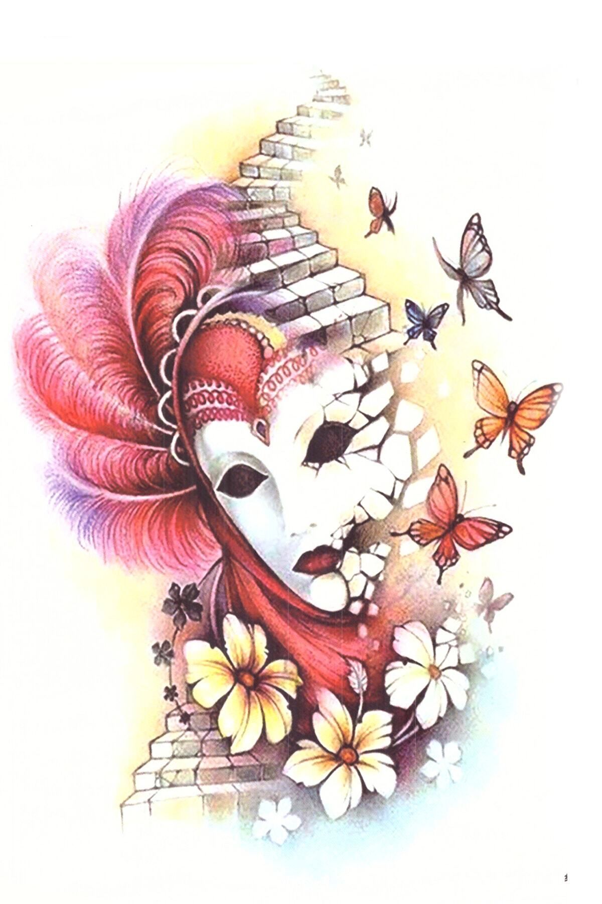 Store&Tattoo Maskeli Yüz ve Kelebekler Geçici Dövme Orta Boy 21x15 cm