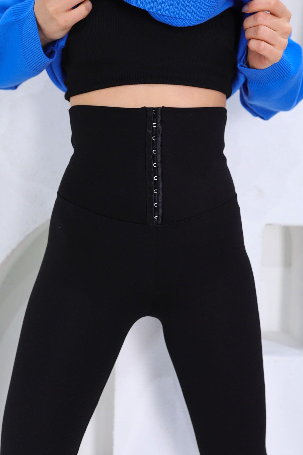 LACHT Kadın Siyah Çelik Örme Agraflı Korseli Ekstra Yüksek Bel Tayt