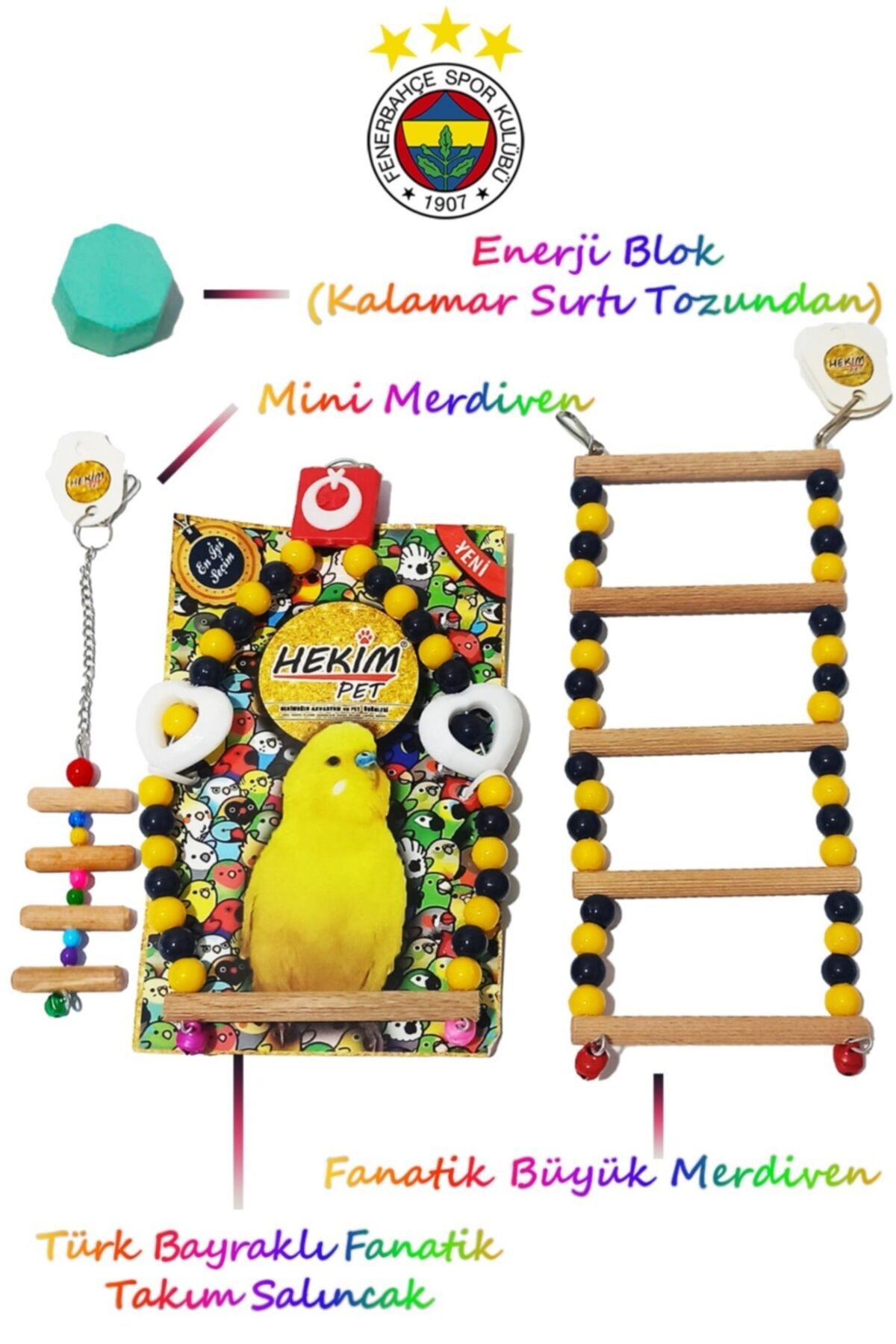 HEKİM PET Fanatik Takım Fenerbahçe Salıncak+büyük Merdiven+ Enerji Blok+ Mini Merdiven Kuş Oyuncağı Seti