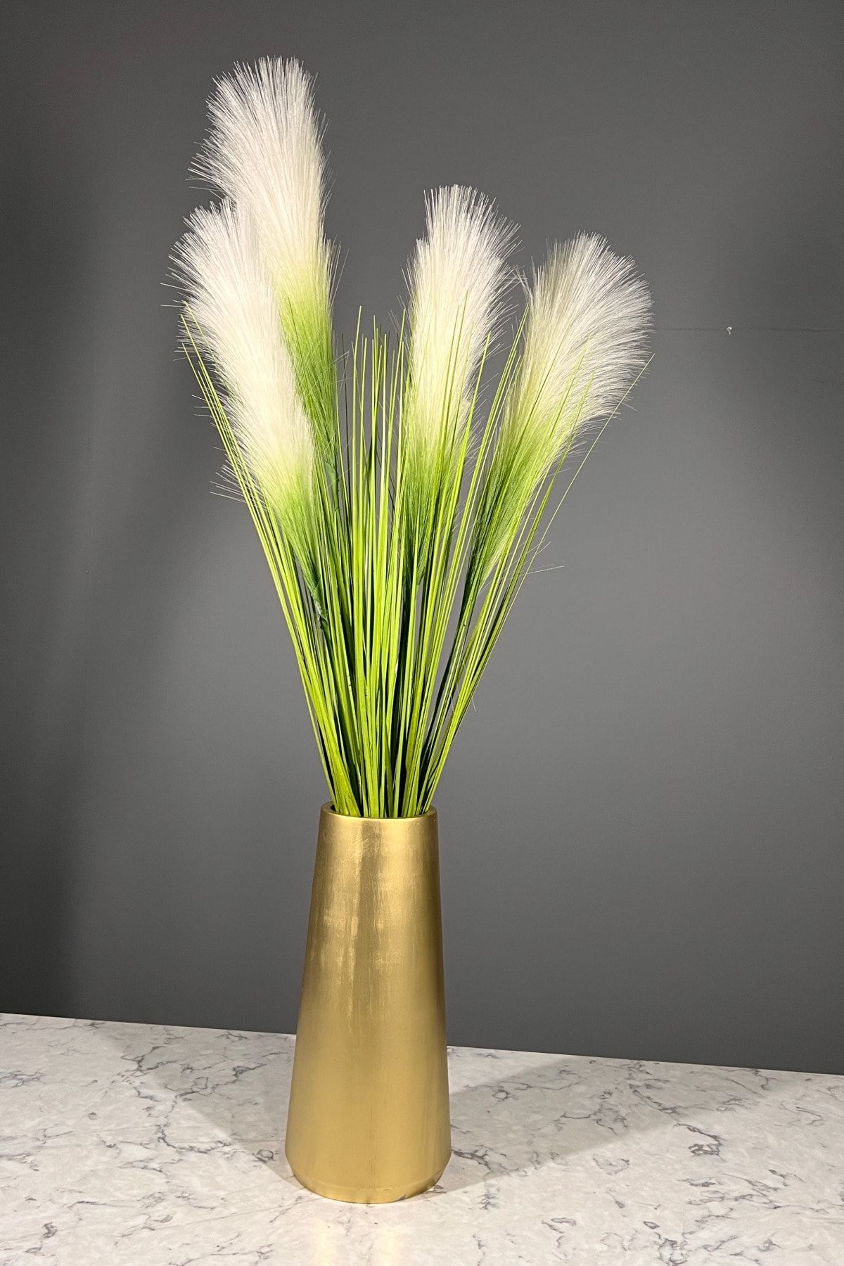 thebouqet Luxurious Serisi Gold Uzun Beton Vazoda Yapay Pampas 5 Dal 70 Cm Beyaz