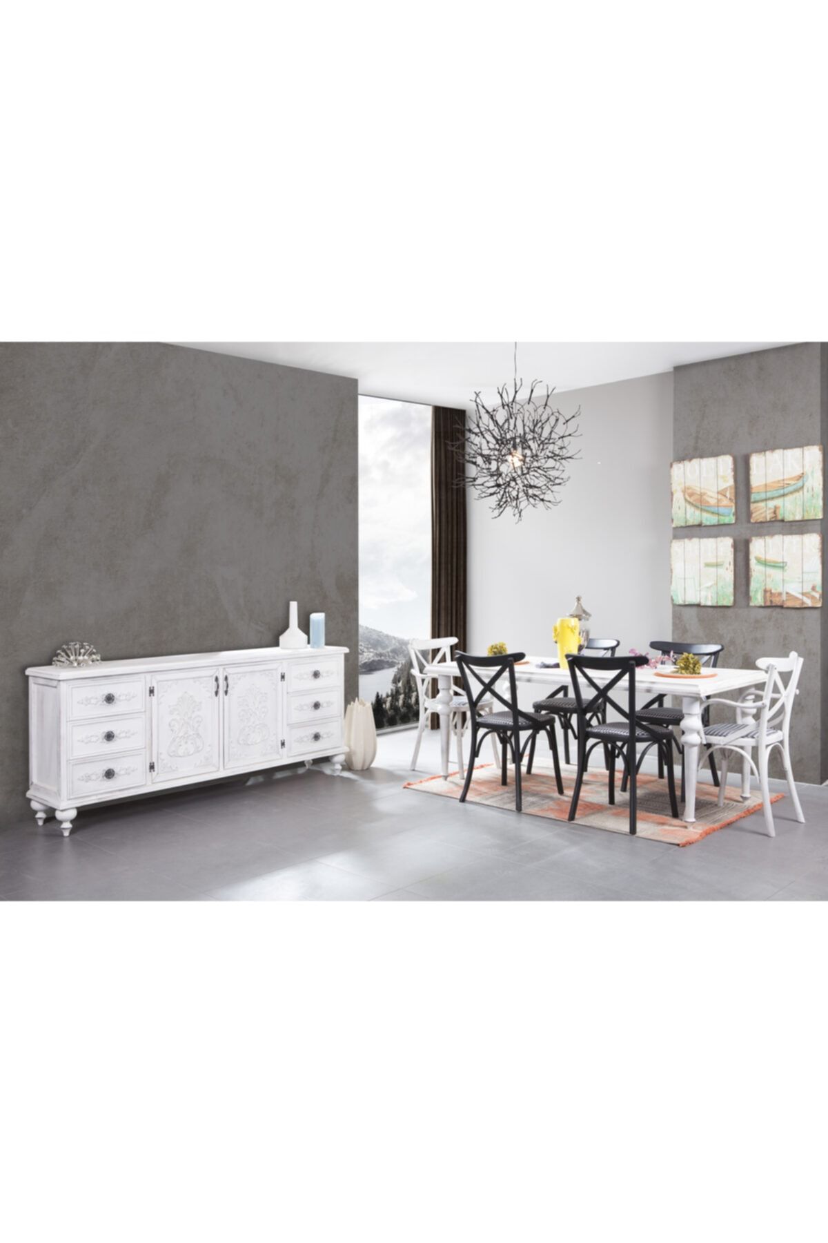 Bubuhome Alara Beyaz Yemek Odası Takımı Konsol + Masa + 6 Adet Sandalye