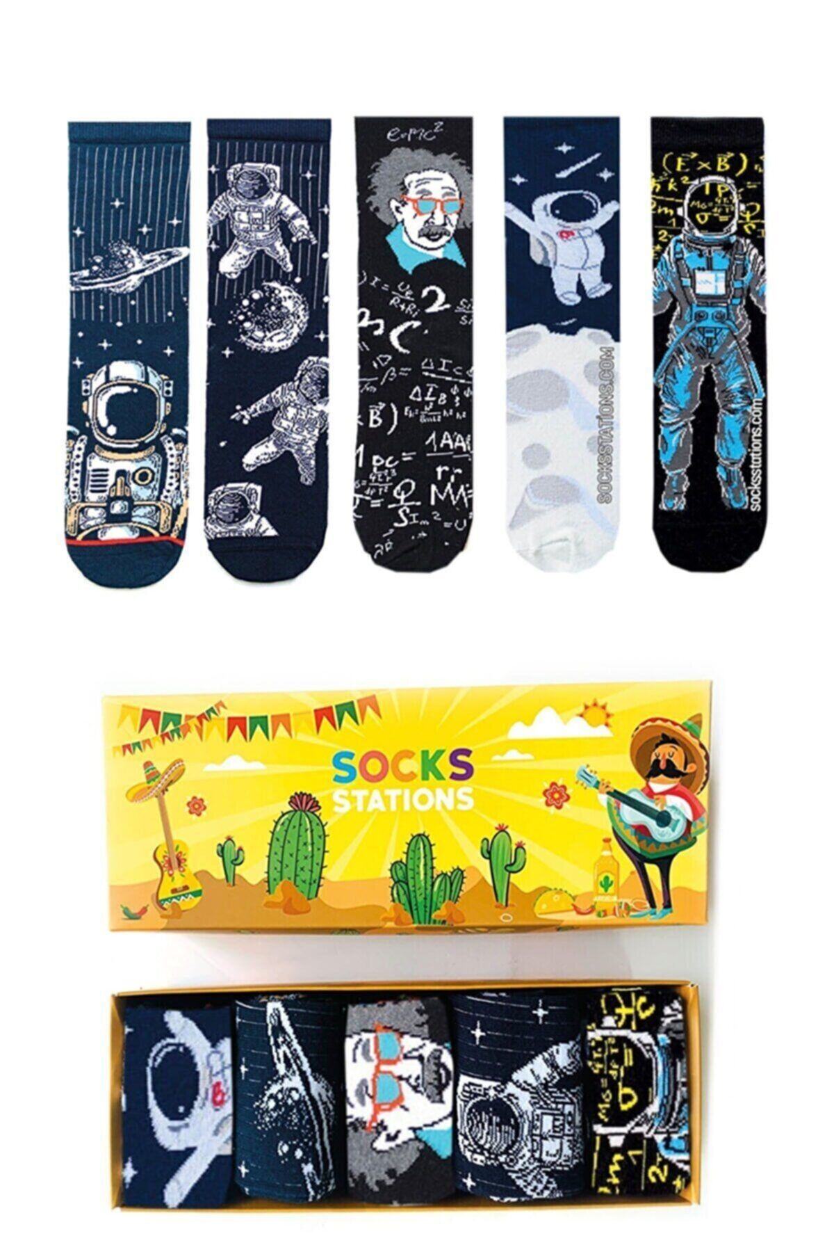 Socks Stations Astronot Ve Uzay Desenli Renkli Çorap Kutusu 5'li