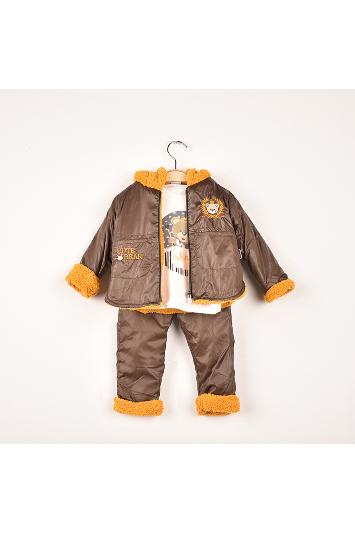 Necix's Bebek Cute Bear Temalı Peluş Montlu Alt Üst Üçlü Takım-hardal