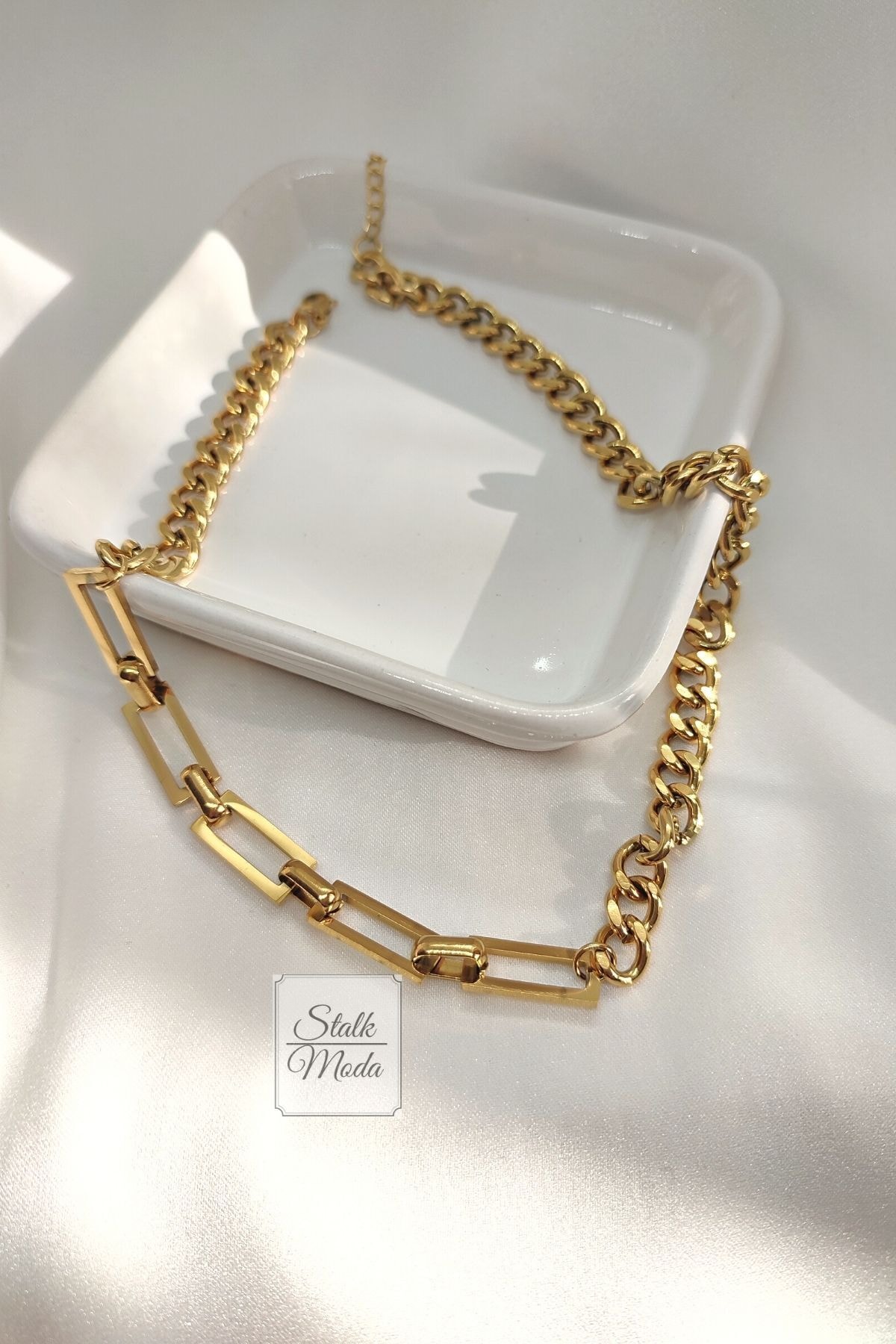 Stalk Moda Kadın Kalın Zincir Model Altın Çelik Kolye