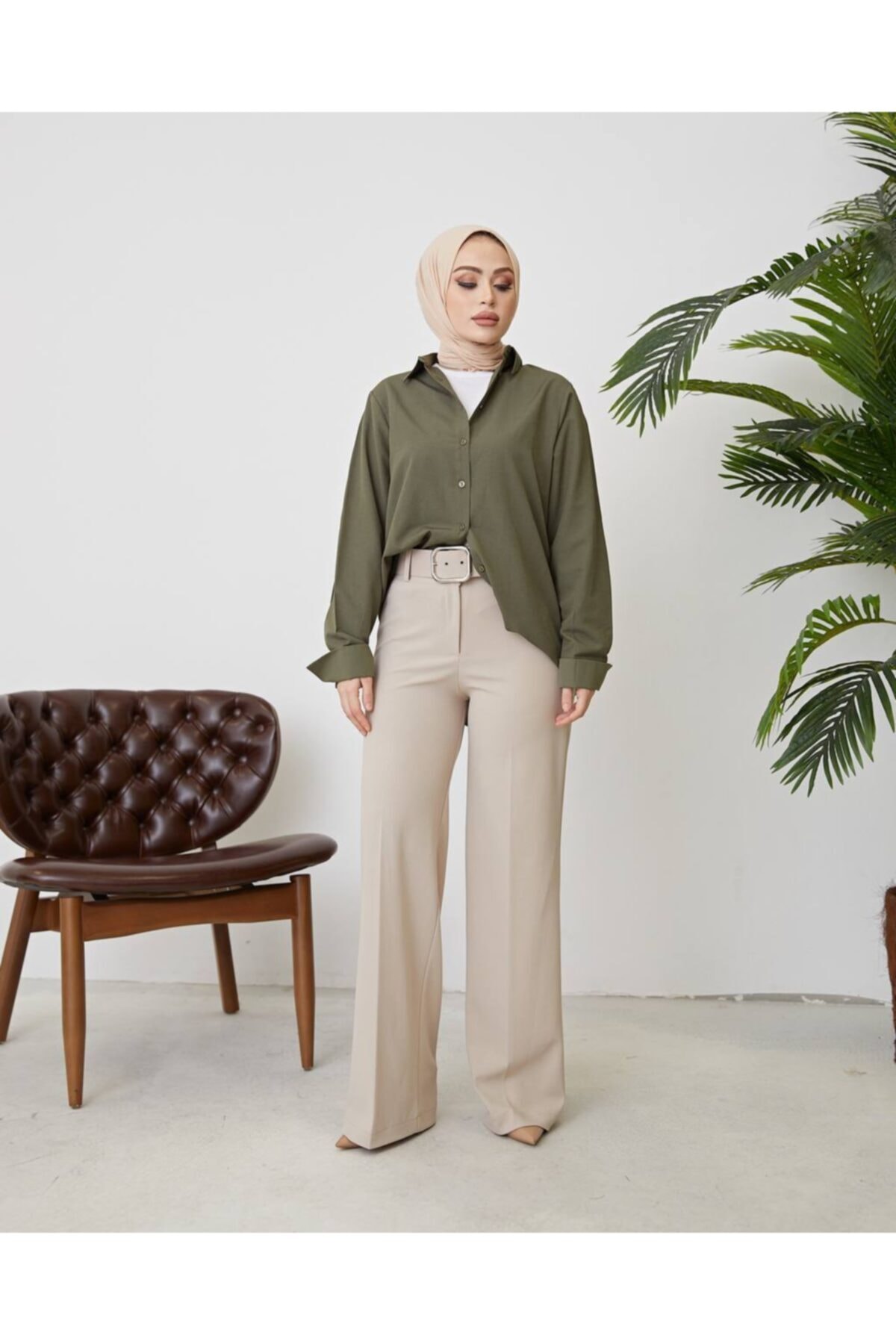 She Olive Kemerli Bol Paça Tesettür Pantolon Krem