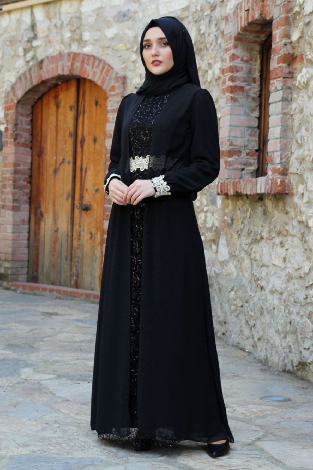 Feiza Collection Güpür Detaylı Tesettür Abiye Elbise Siyah