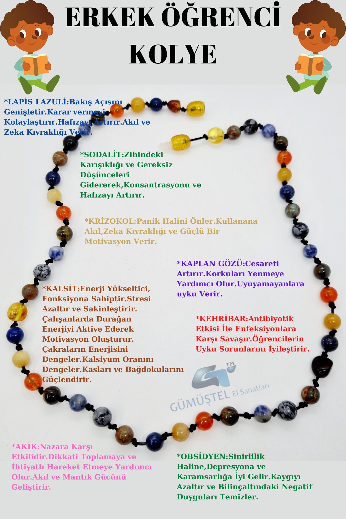 GÜMÜŞTEL EL SANATLARI Erkek Öğrenci Kolyesi Lapis Lazuli Kehribar Sodalit Kalsit Kaplan Gözü Krizokol Akik Obsidyen