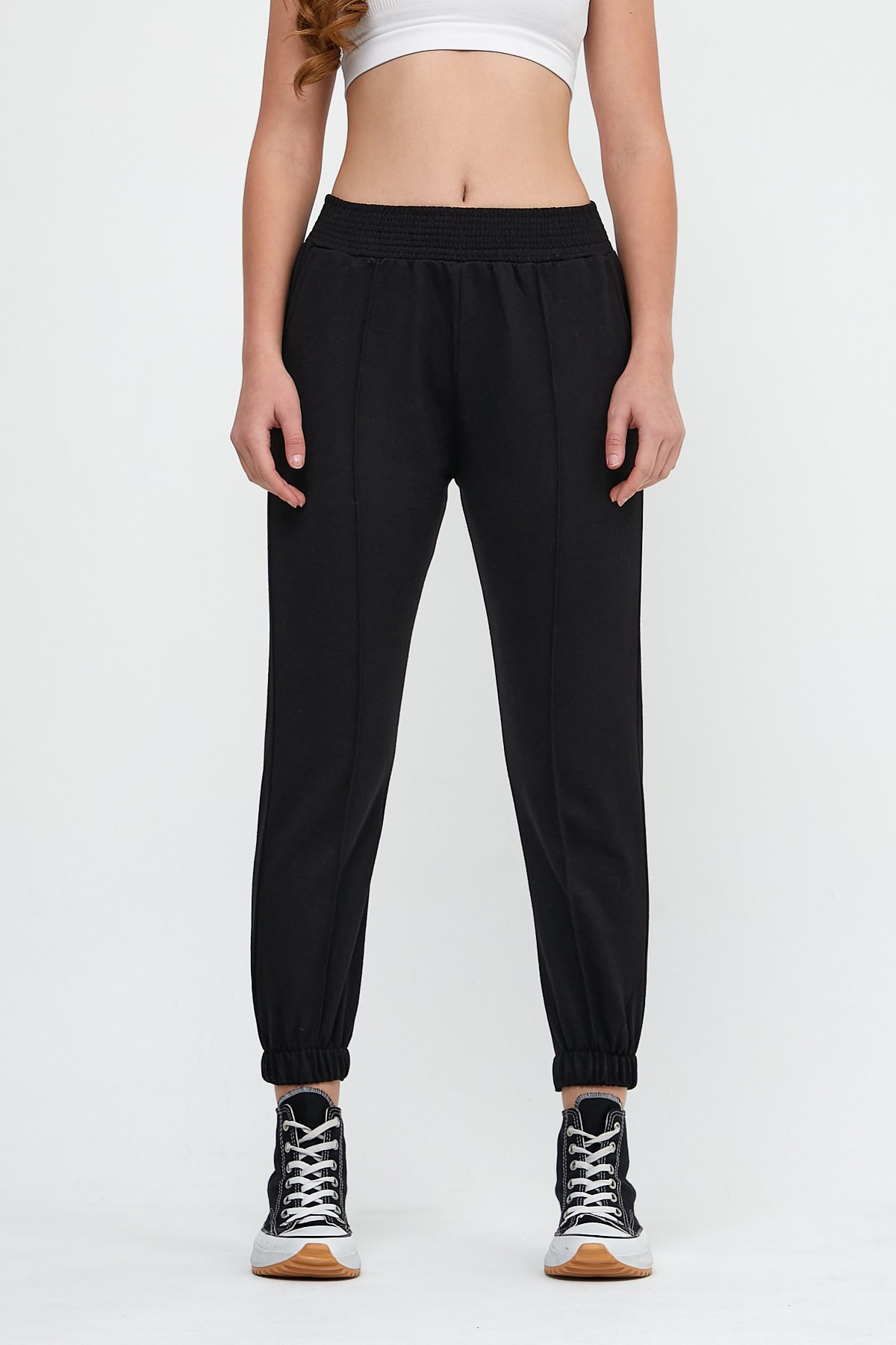 snow basic Siyah Nervürlü Beli Ve Paçası Lastikli Cepli Kadın Eşofman Altı