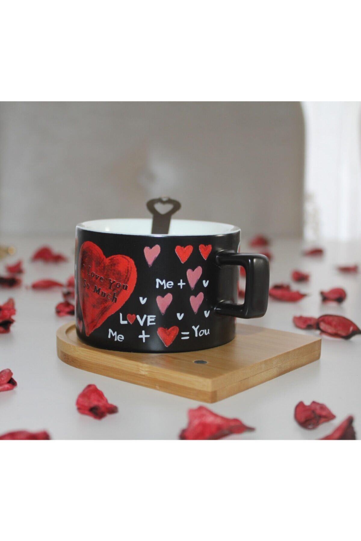 TimeOnline Kalp Desenli Love Mıknatıs Kaşıklı Kahve Fincanı 200 Ml