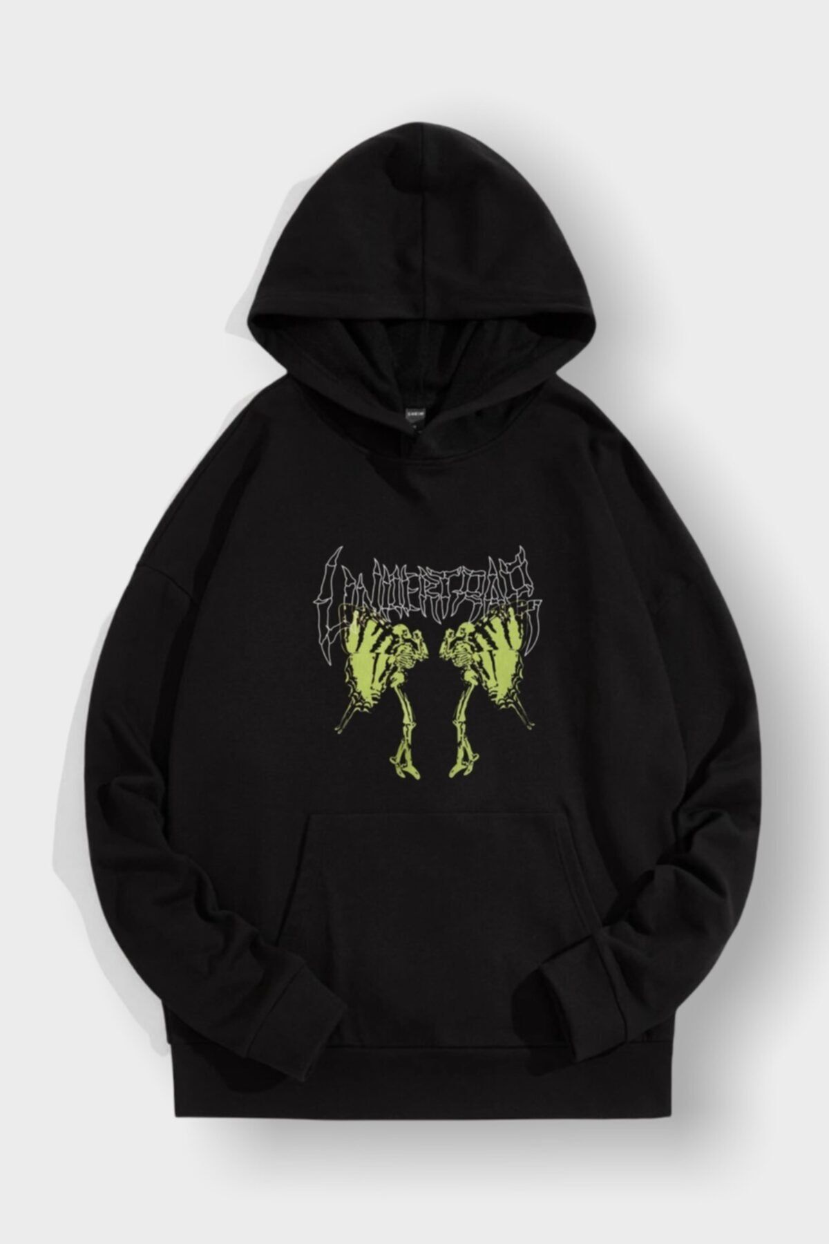 EFBUTİK Siyah Kapüşonlu Iskelet Kelebek Sweatshirt