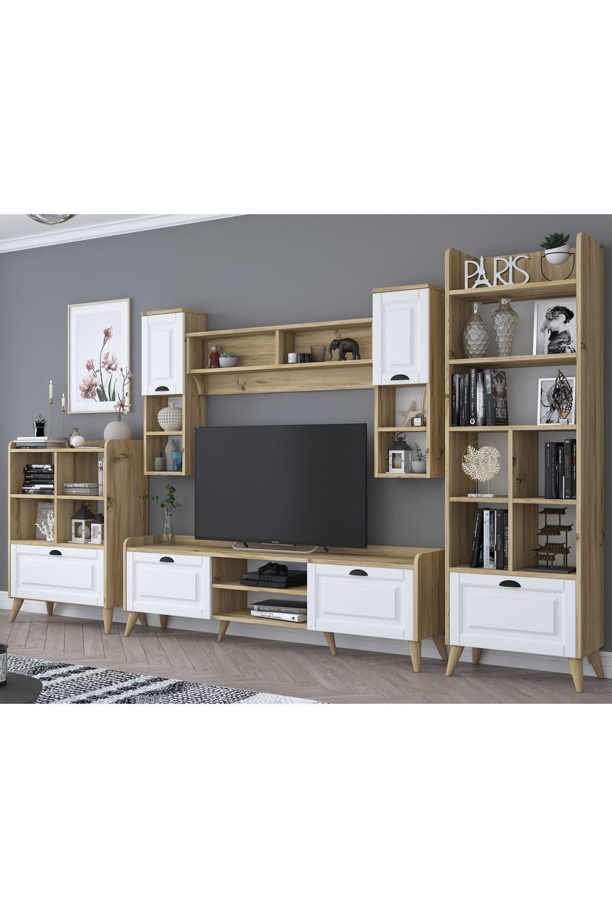 Rani Mobilya Rani Aa101 Duvar Raflı Kitaplıklı Ve Dolaplı Modern Tv Ünitesi Tv Sehpası Beyaz Keçe Ceviz