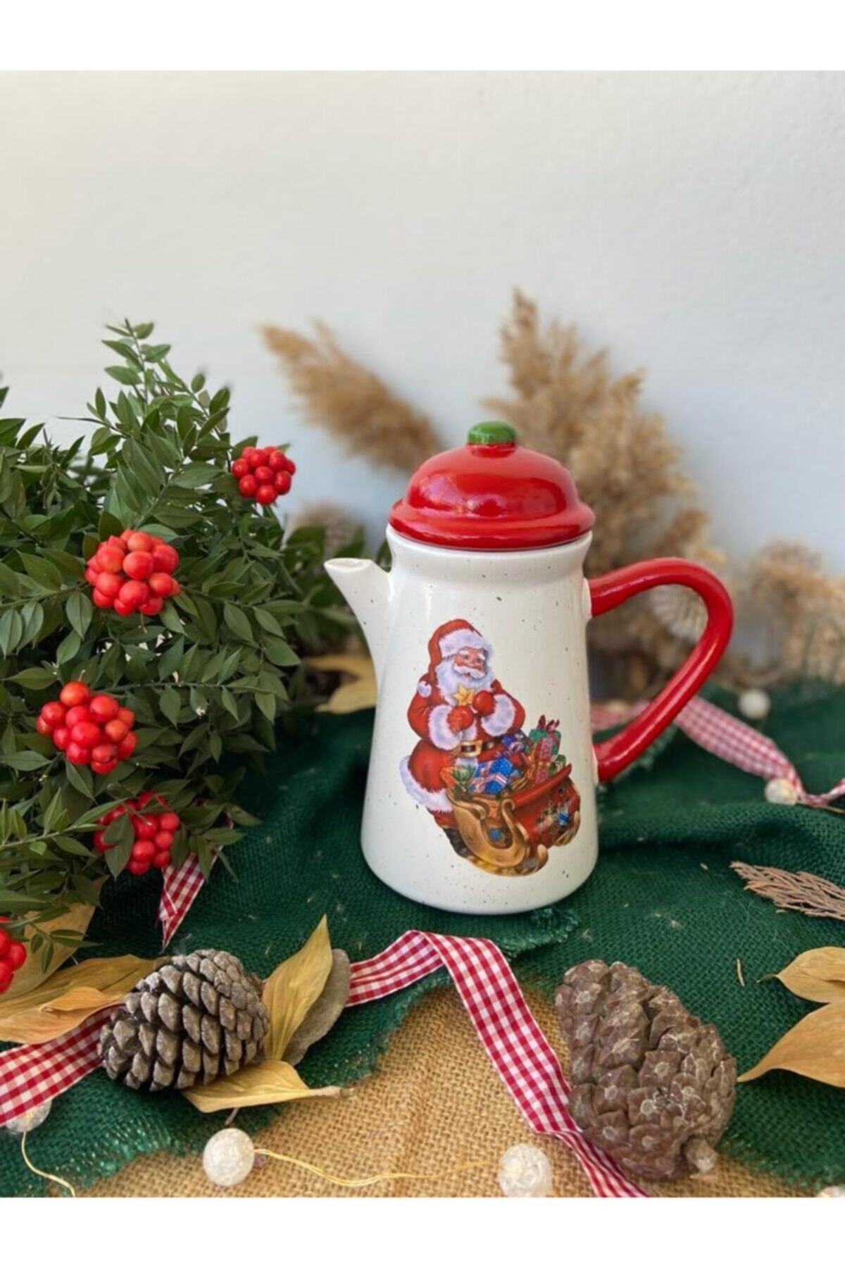 Handmadesign Kapaklı El Yapımı Seramik Sürahi - Yılbaşı Kızaklı Oyuncaklı Noel Baba -kırmızı Yeşil