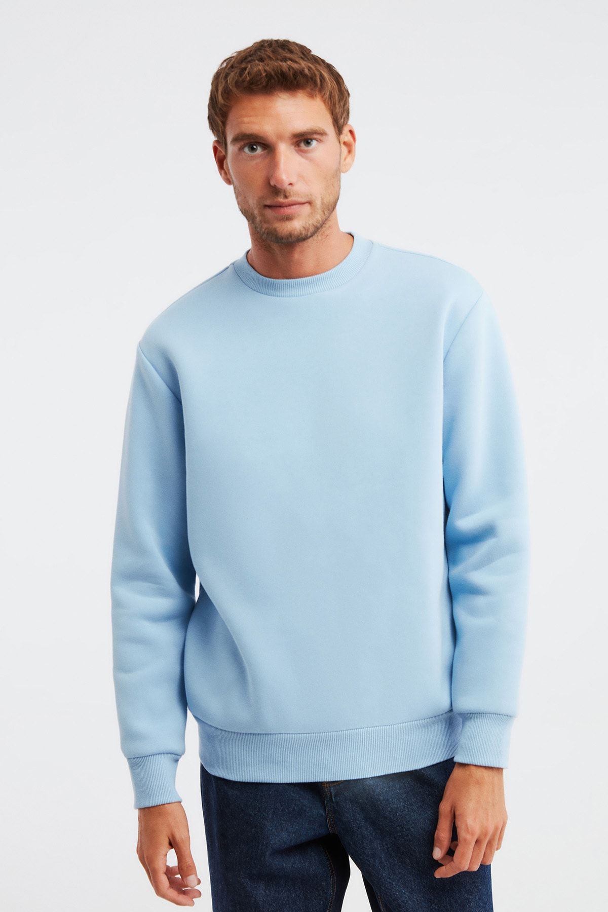 GRIMELANGE Travıs Erkek Mavi Düz Renk Bisiklet Yaka Comfort Sweatshirt