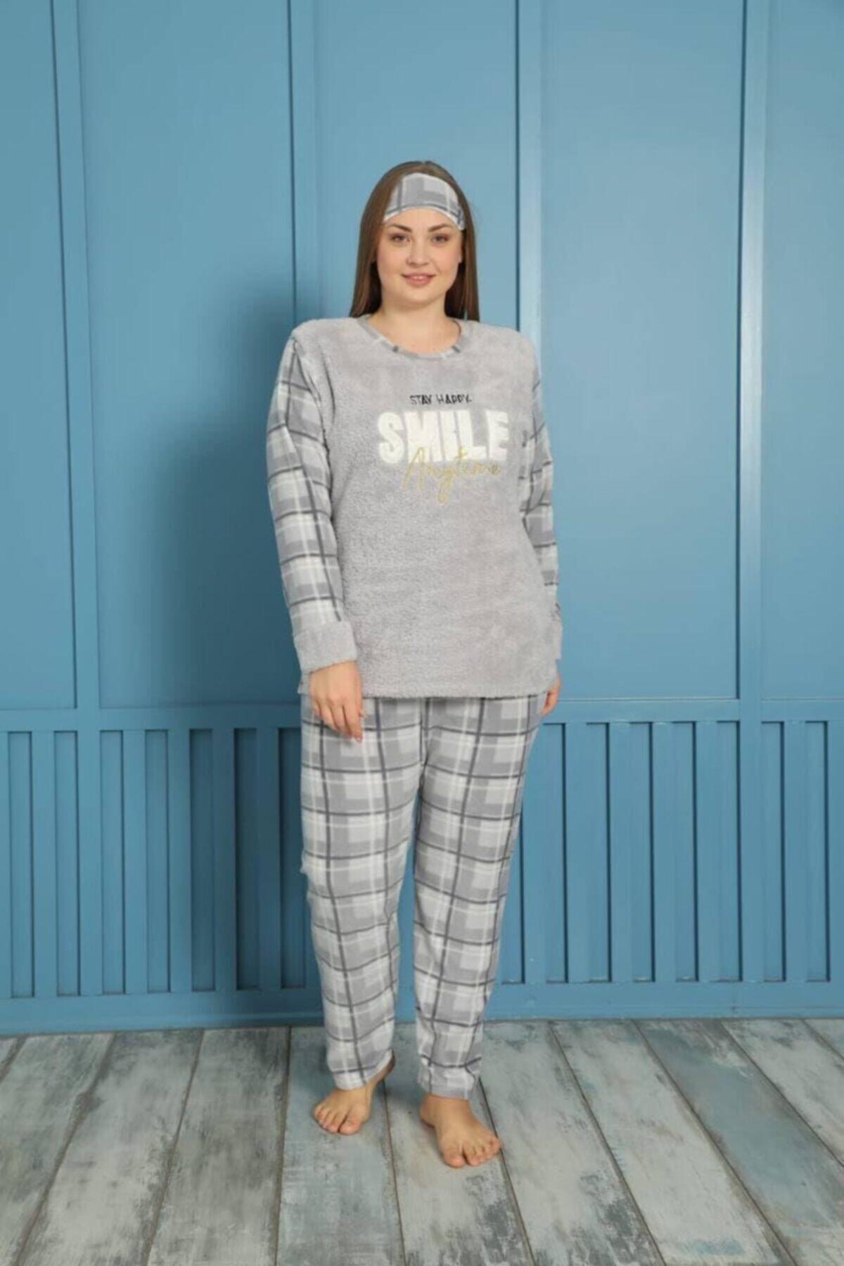 SEBOTEKS Ekose Desenli Peluş Polar Büyük Beden Pijama Takımı 20145