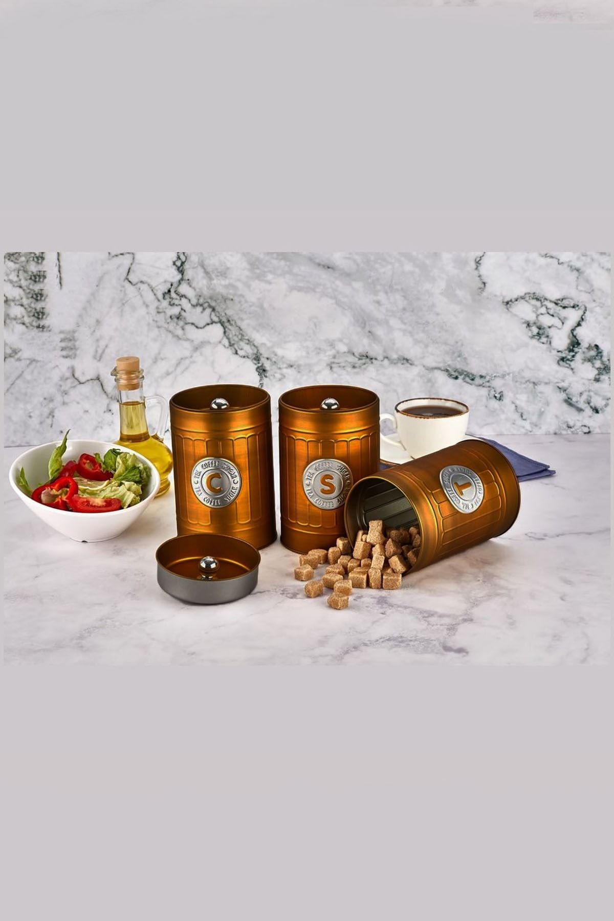 MasterHome Metal 3lü Baharat Takımı Baharat Seti Yuvarlak Kahve