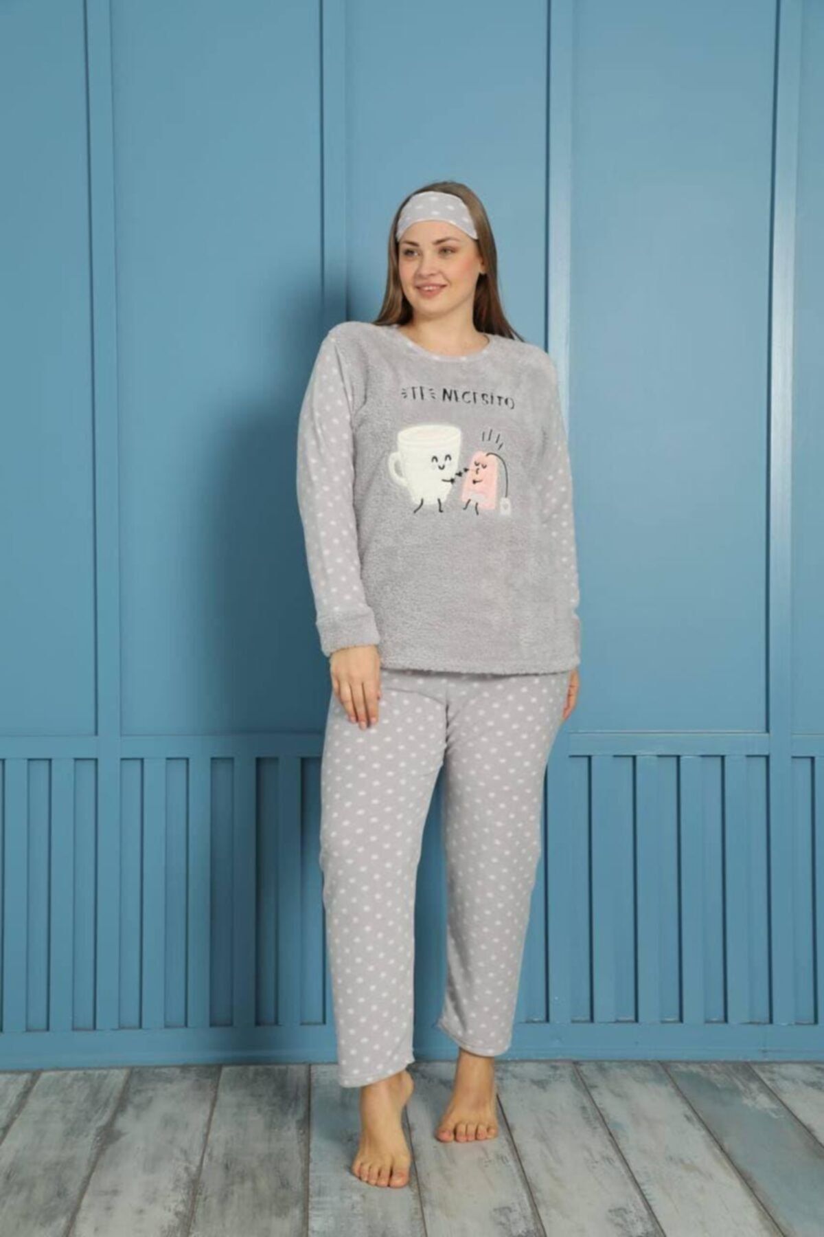 SEBOTEKS Puantiyeli Kupa Desenli Peluş Polar Büyük Beden Pijama Takımı 20147