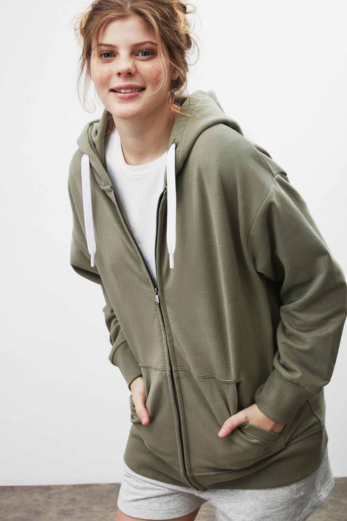 GRIMELANGE Banny Kadın Haki Düz Renk Kapüşonlu Comfort Sweatshirt