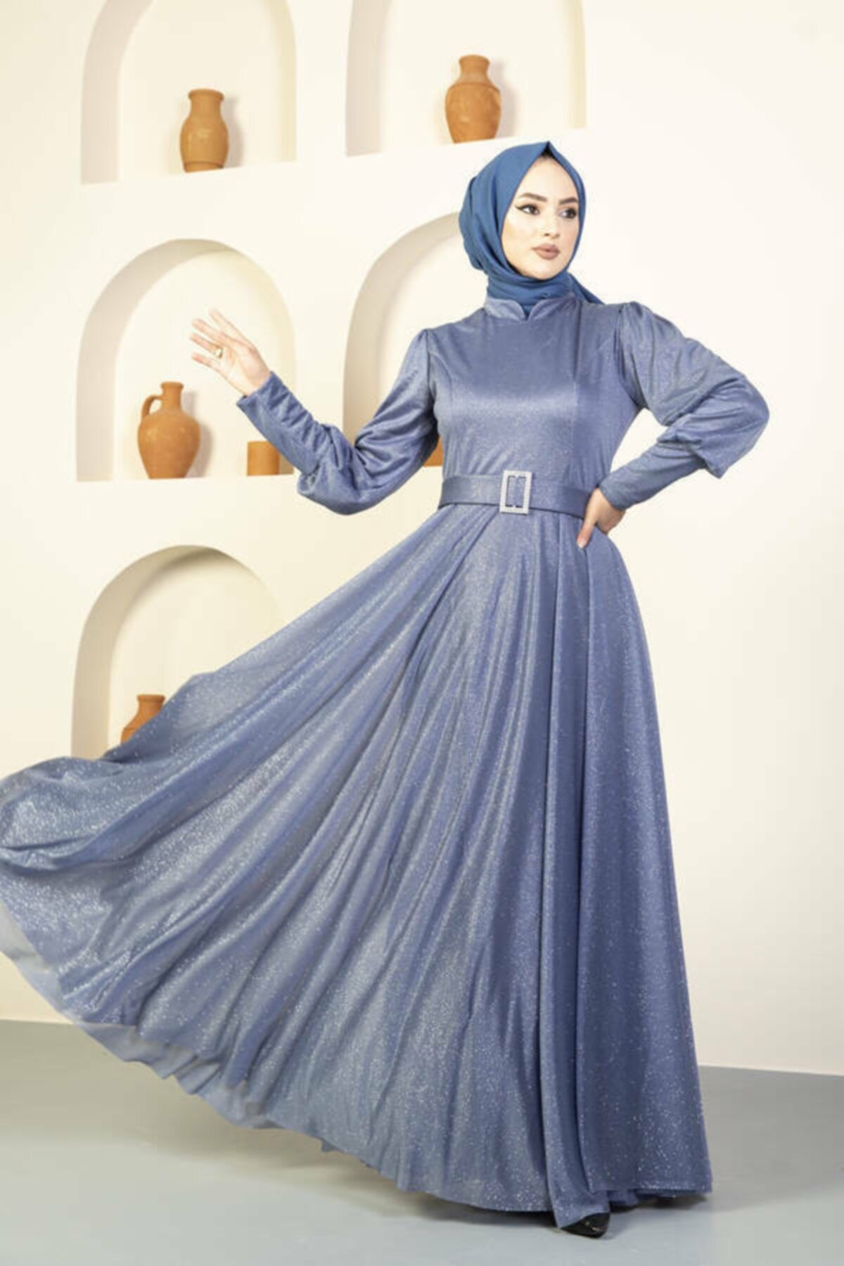LOVELY FASHION Kemer Detaylı Simli Tesettür Abiye Indigo