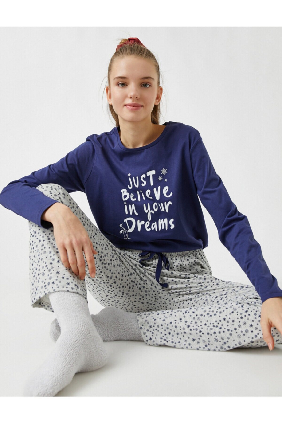 Koton Desenli Uzun Kollu Pijama Takımı