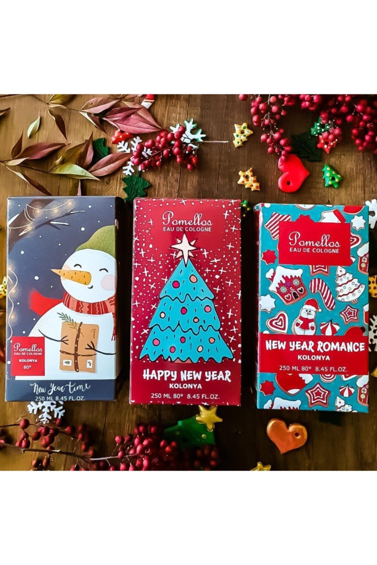 Pomellos Yılbaşı Özel 3'lü New Year Kolonya Seti (3 X 250 Ml, 80 Derece, Cam Şişe)