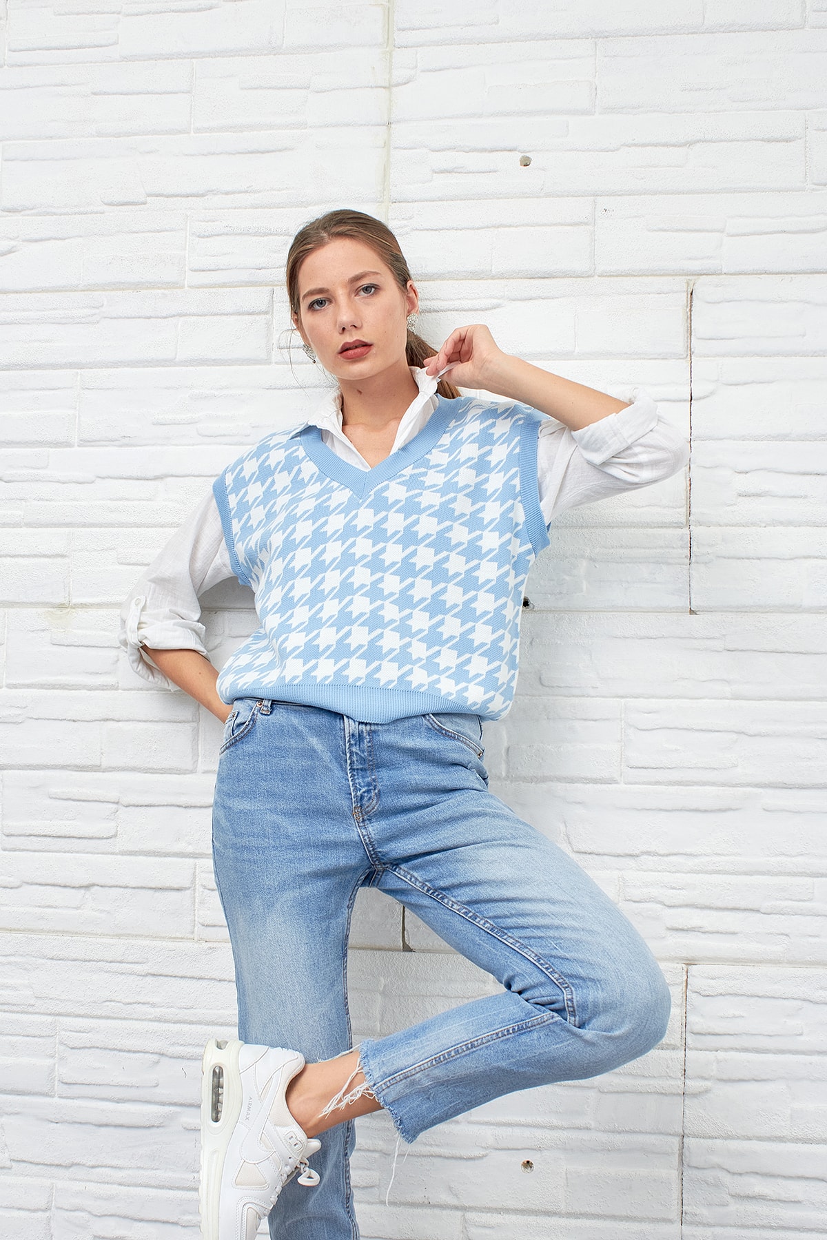 erki triko Kadın Mavi Kazayağı Crop Süveter