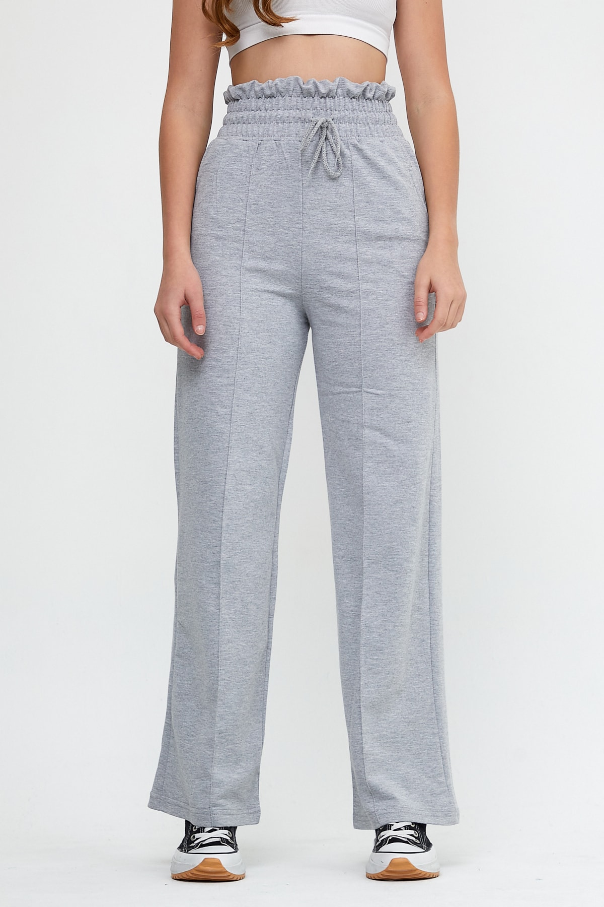 snow basic Gri Bol Paça Beli Ve Paçası Lastikli Bağcık Detaylı Yüksek Bel Oversize Eşofman Altı